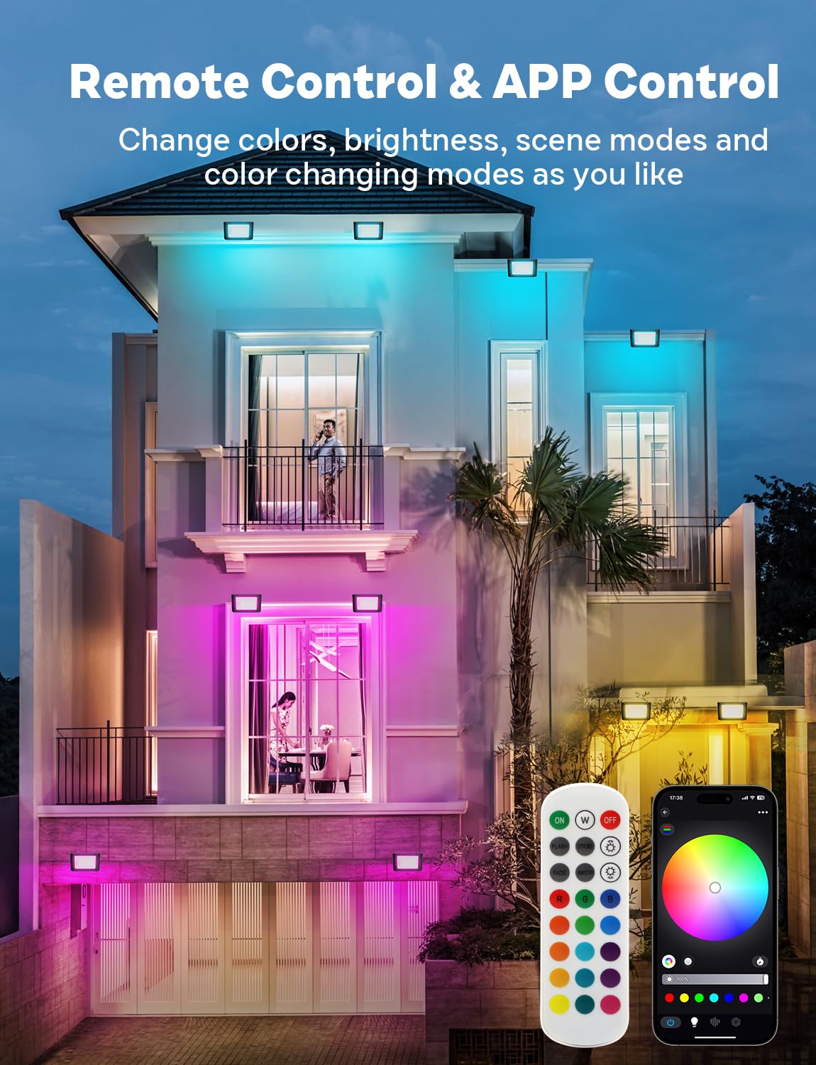 Alfele 36W Rgbw Led Flood Light, Color Changing Outdoor Lighting, Remote Control, Ip66, 4 Pack