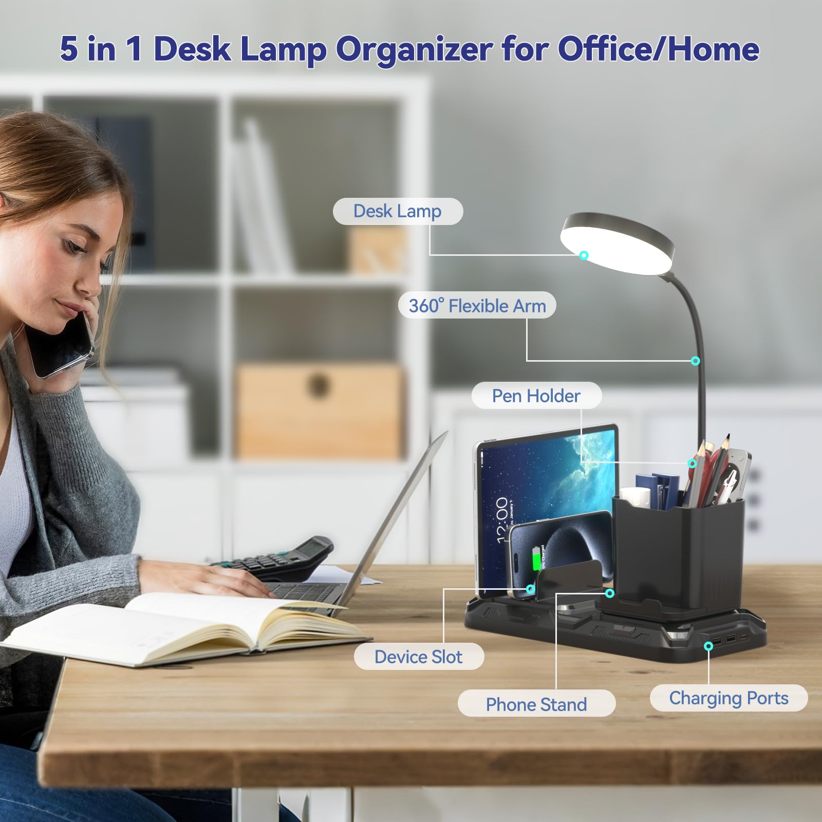 Kdd Desk Lamp With Usb A&C Charger Ports - Reading Desktop Light With Pen & Phone Holder - Adjustable Brightness Lights With Dev