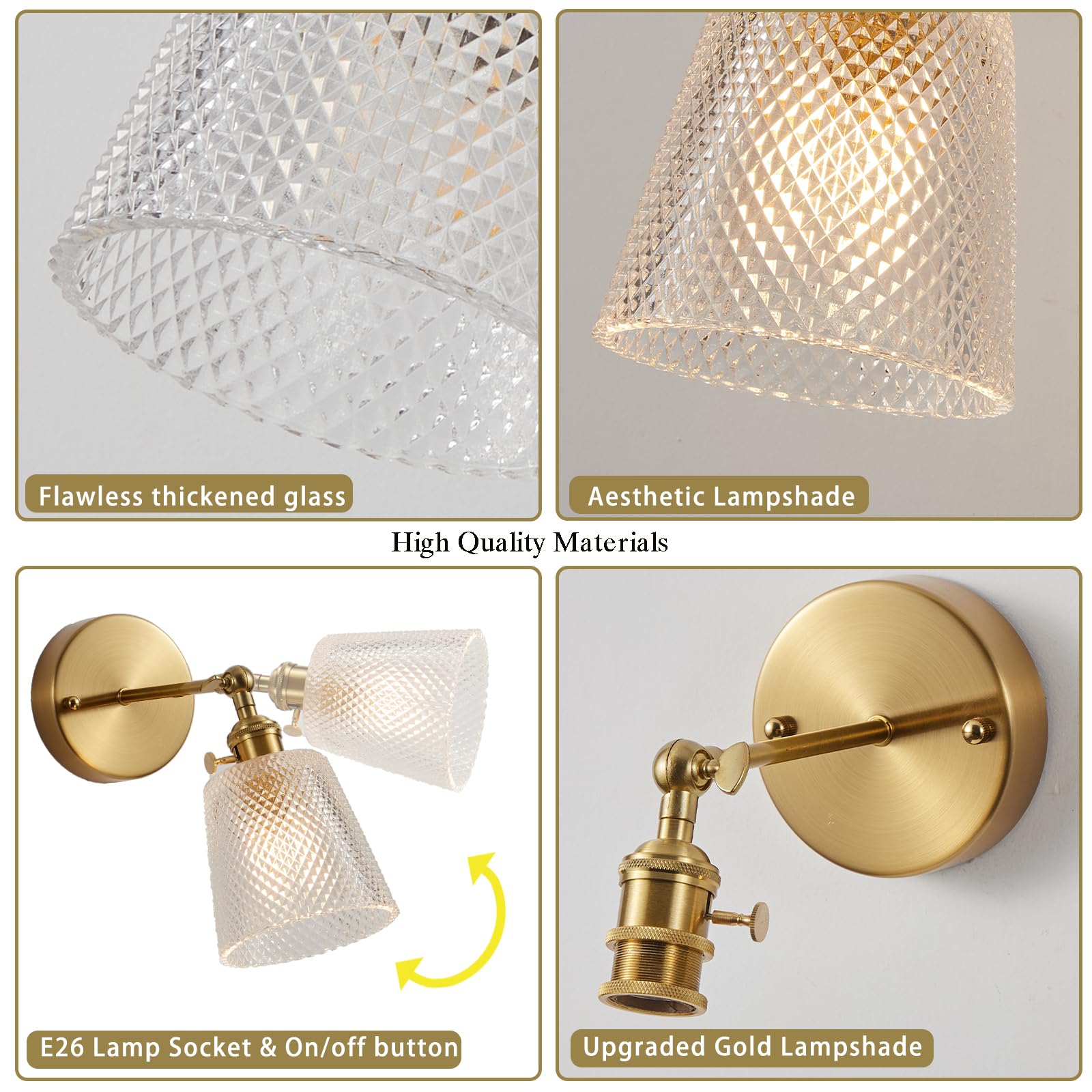 Bcgmyln Vintage Wall Sconces, Gold Sconces Wall Lighting With Glass Shade 180 Degree Adjustable Brass Vanity Light Hardwired Mod