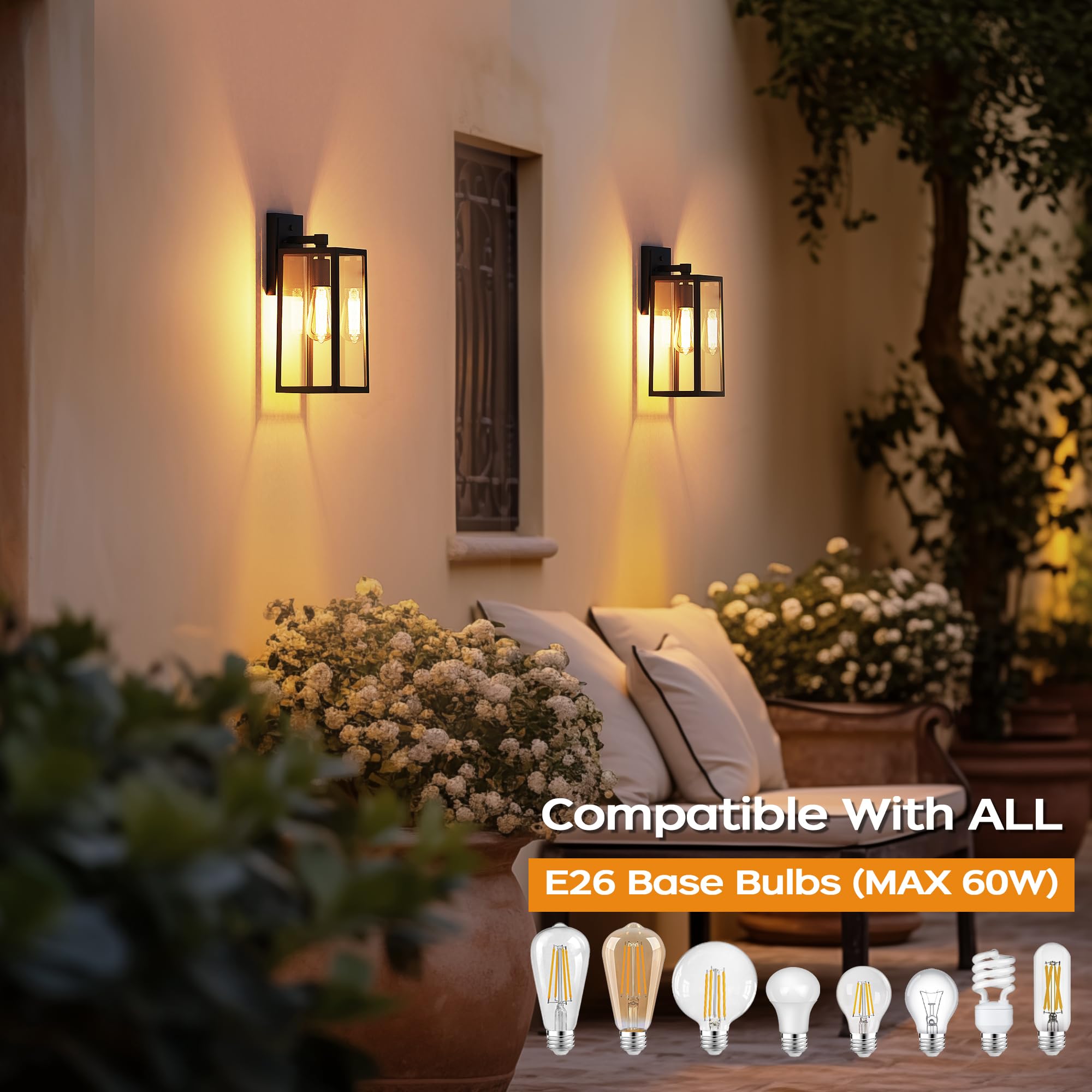 PARTPHONER Outdoor Wall Mount Light Fixtures, Waterproof, Anti-Rust, 2-Pack, Matte Black, Tempered Glass, Model PA-WL-1