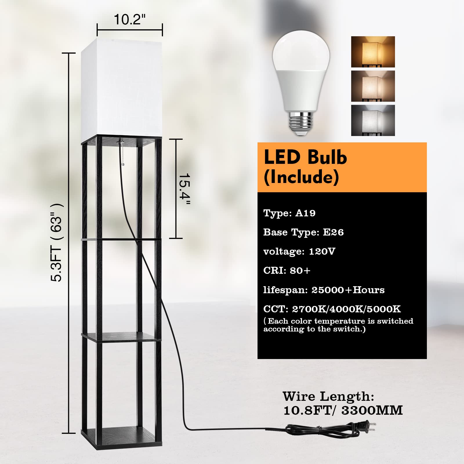 RUNTOP Floor Lamp with Shelves, LED Bulb, Modern Design, Black