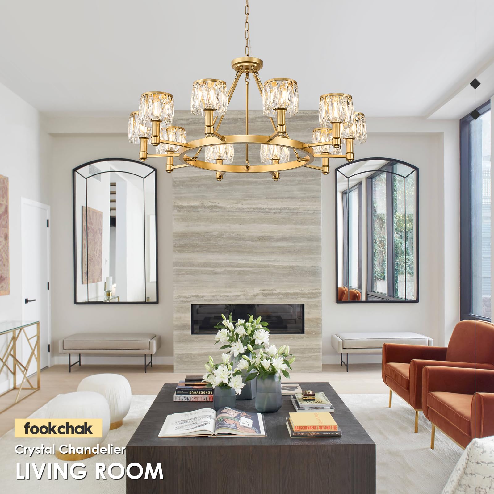 FookChak 10-Light Crystal Glass Chandelier, 38in Gold Modern Fixture for Dining Room, Foyer, Bedroom