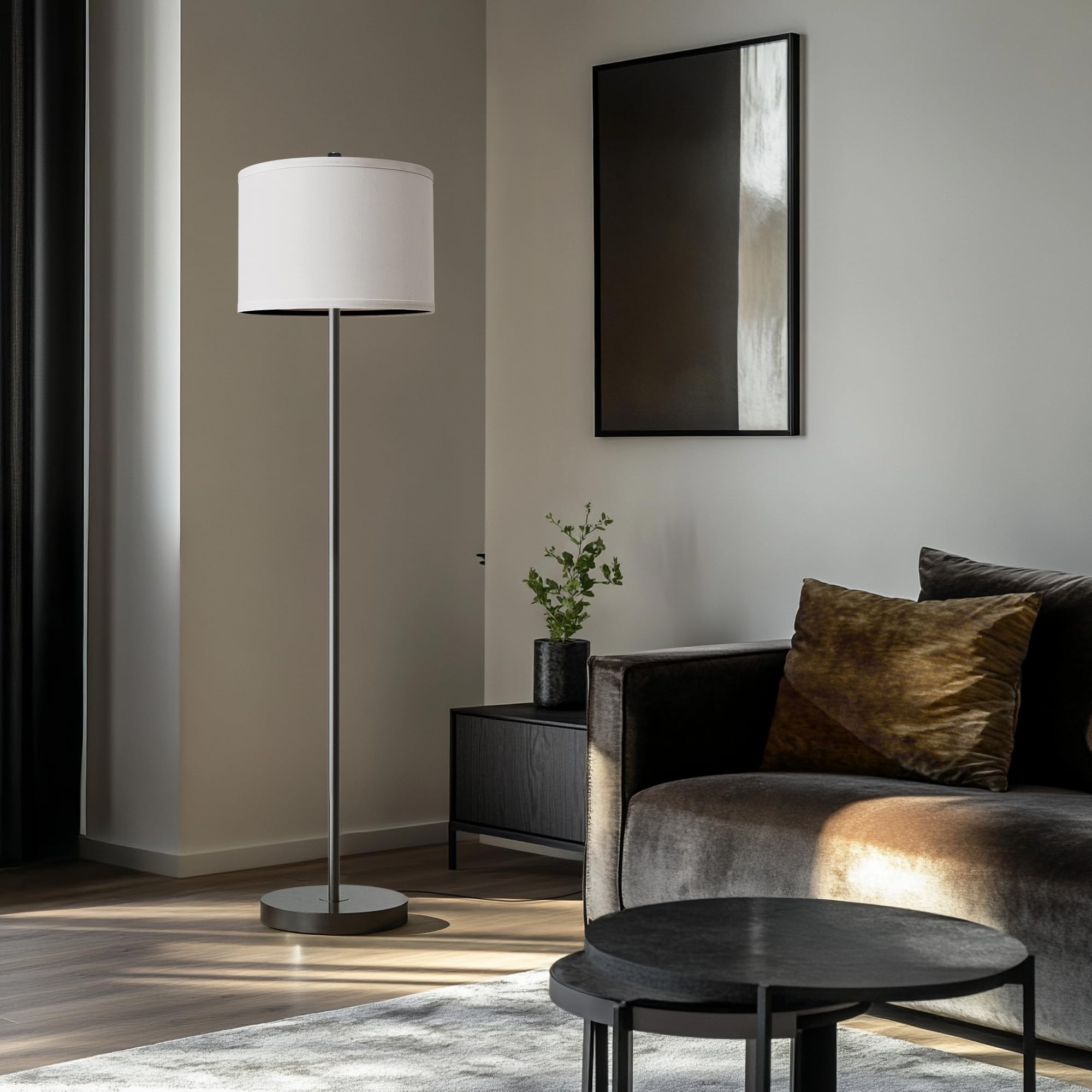 Oneach Floor Lamp - 61in Rustic Industrial Design, Metal, Black Pole with White Shade, Model AMZ-F1154BK-WH