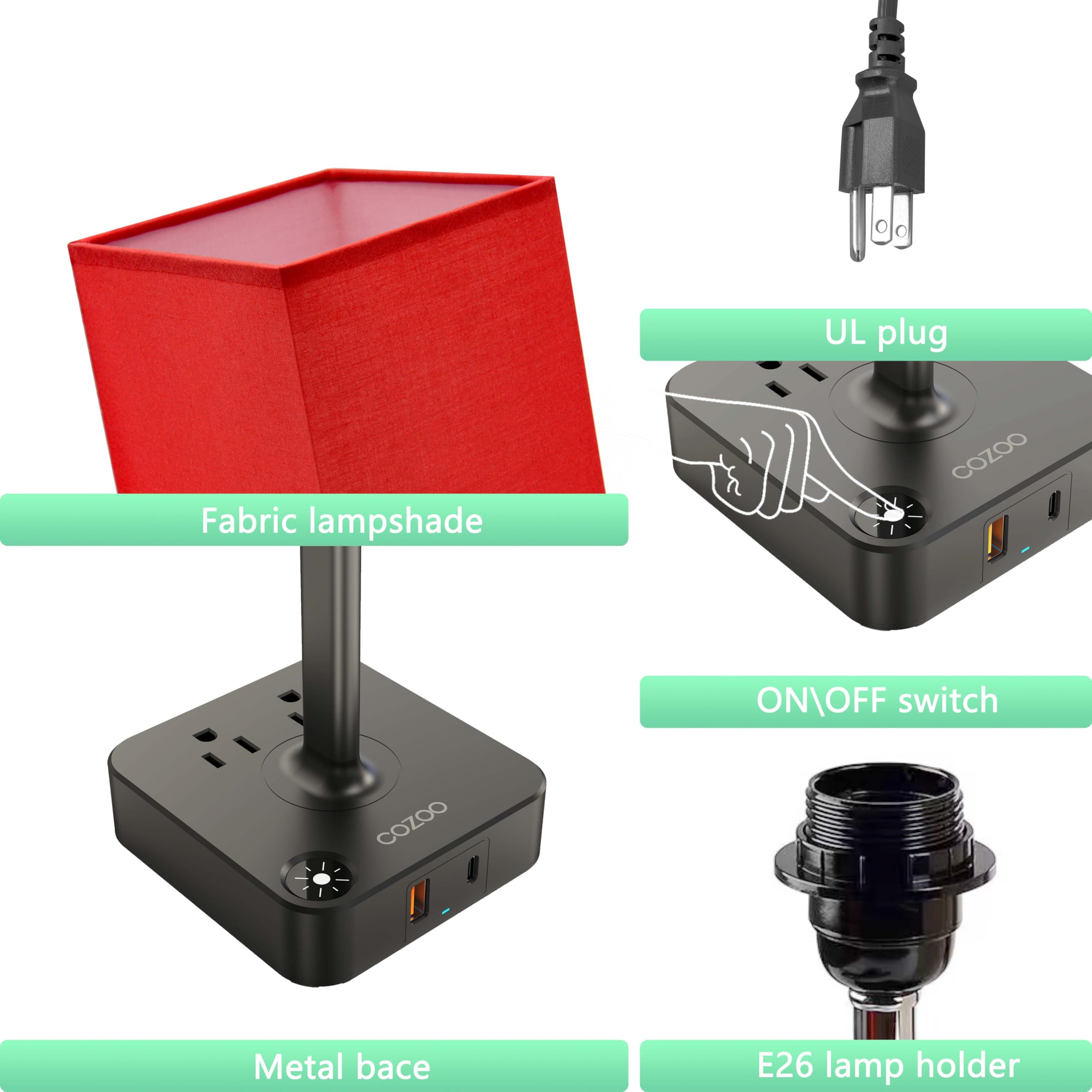 Cozoo Usb Bedside Table Desk Lamp With 2 Usb Charging Ports And 2 Outlets Power Strip,Dimmable Table Lamp With Red Fabric Shade,