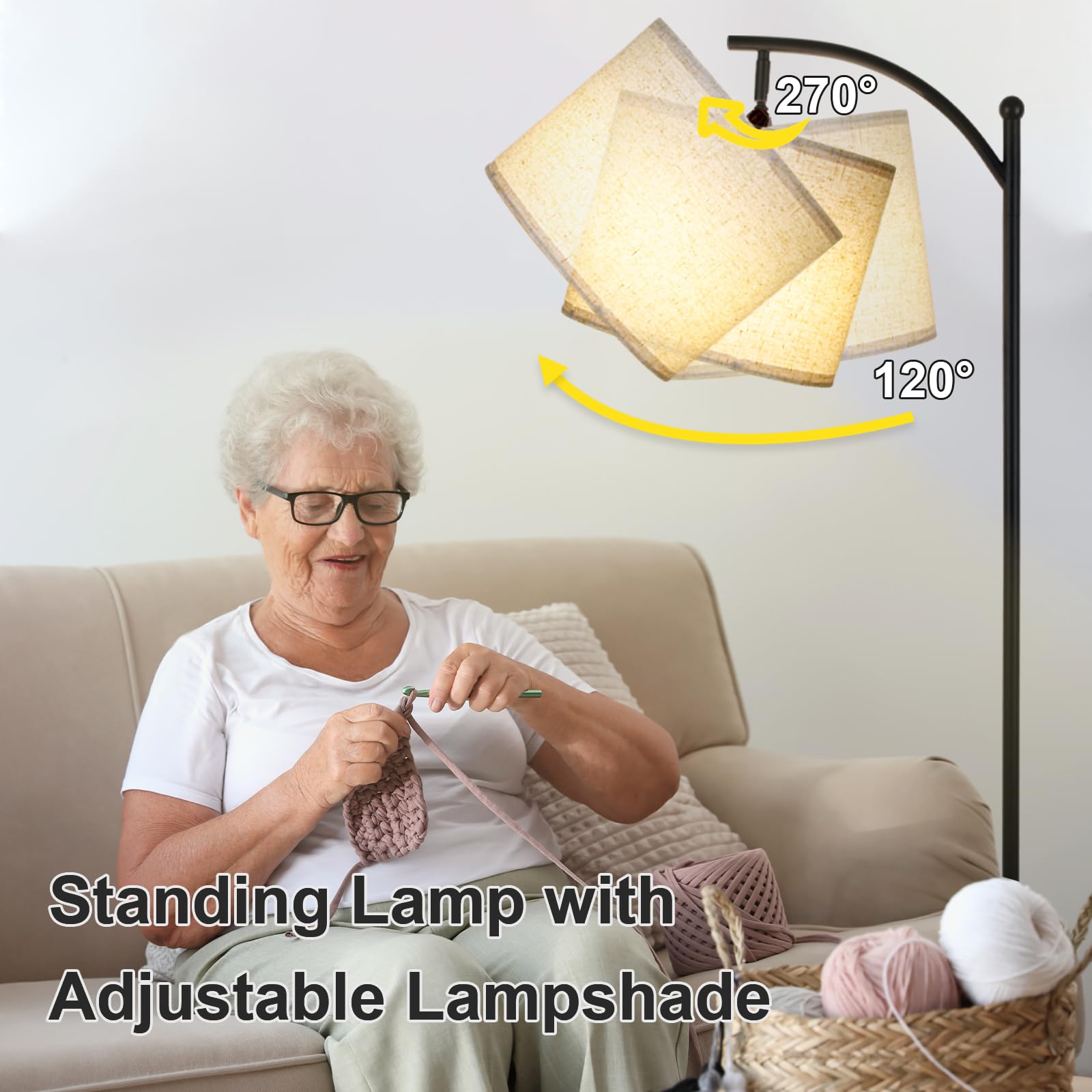 Lalisu Modern Floor Lamp, 3-Ways Dimmable Standing Lamp With Linen Shade, Adjustable Height, Foot-Step Switch, Reading Lamp For