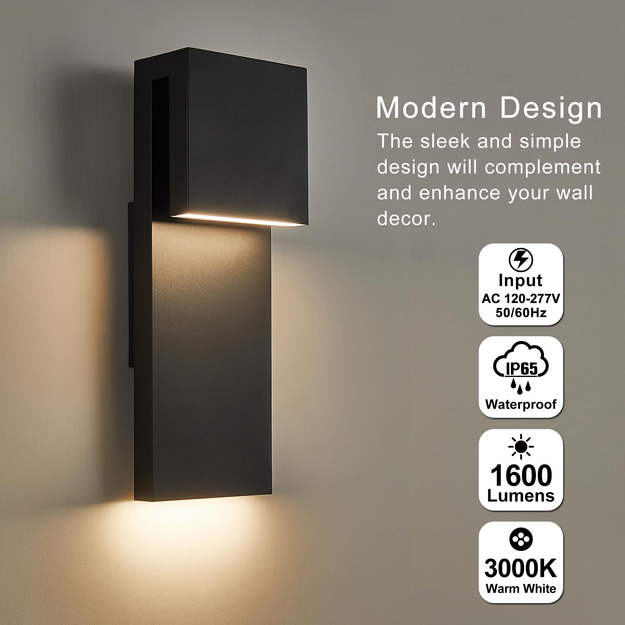 Tarentlight Modern LED Outdoor Wall Sconce 3000K 17W Black Iron, Anti-Rust, Wet Location, Easy Install, Model W2304LED-BK