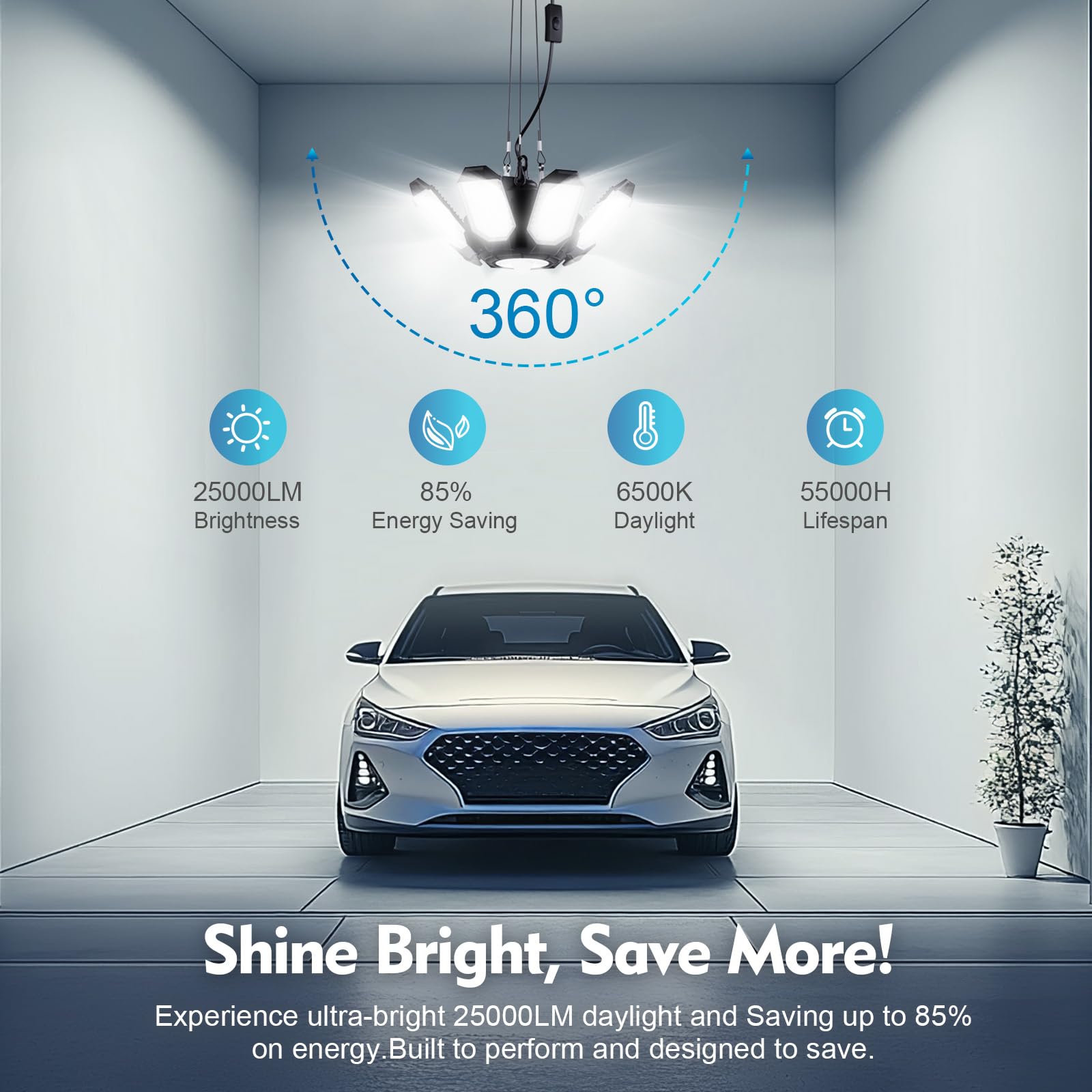 TANBABY Motion Sensor Garage Light 2 Pack, 250W LED Deformable Ceiling Lights, Black, Model T-300X