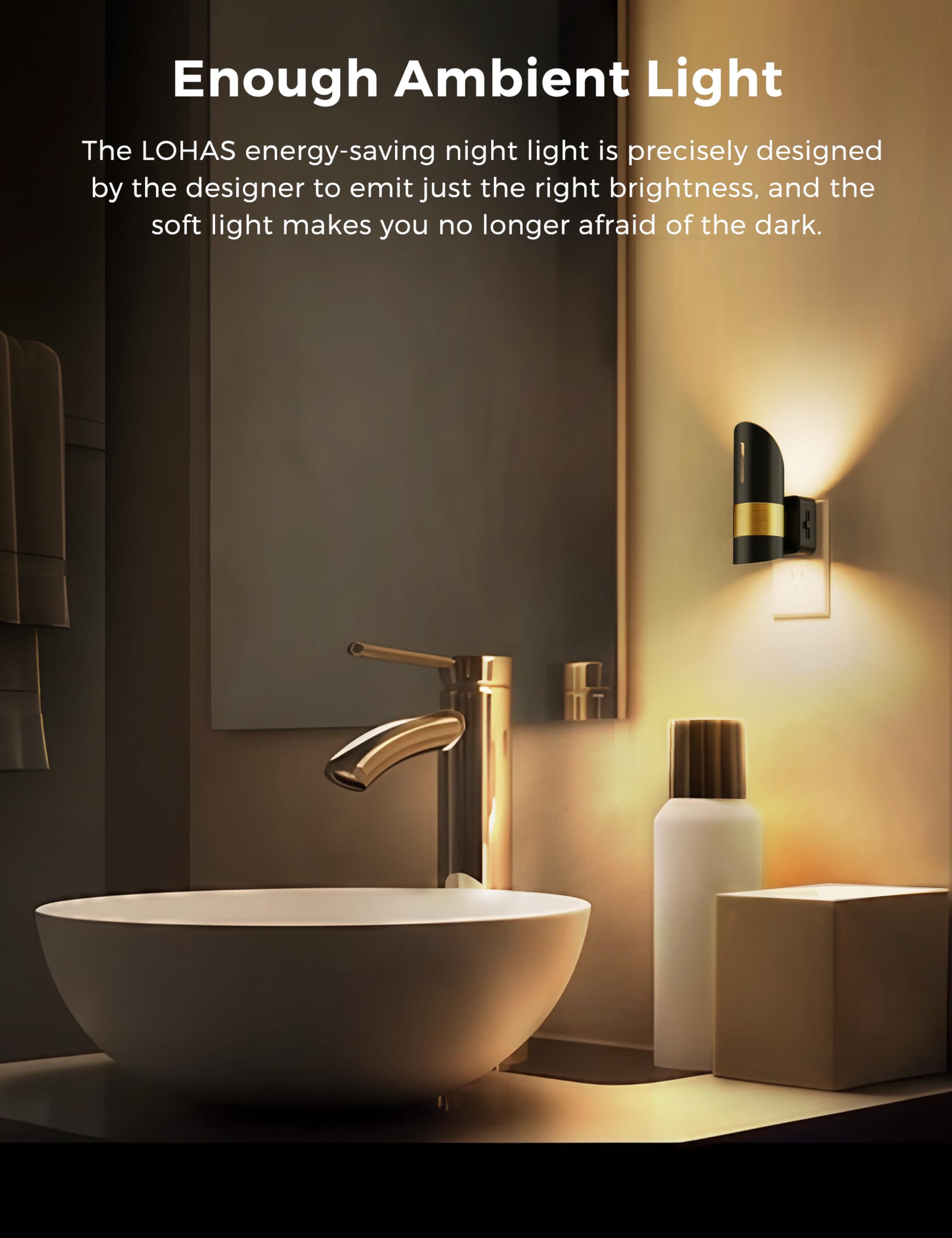 L LOHAS LED Night Light, 2 Pack, Adjustable Brightness, Dusk to Dawn Sensor, 3000K Soft White, Black, Model GY19802-3000K-2
