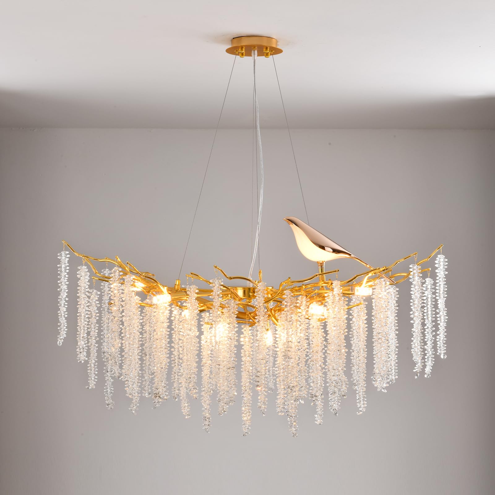 Modern Gold Crystal Chandelier Tree Branch Chandelier L43-Inch 10-Lights Gold Linear Raindrop Hanging Pendant Light Fixture for Dining Living Room Entryway Foyer Stairway Bedroom Hallway (Gold-L43-B)