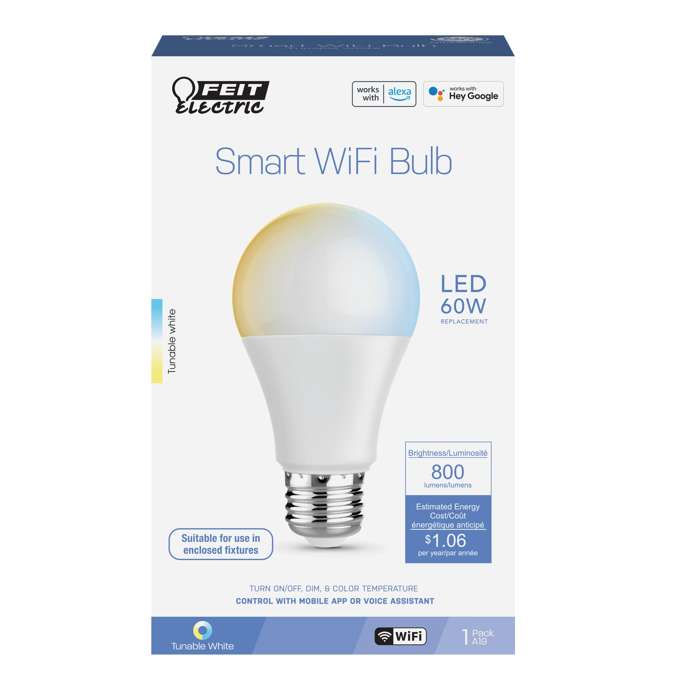 Feit Electric A19 Smart Led Light Bulb, 60W Equivalent, Tunable White, Alexa & Google Home Compatible, 2.4 Ghz Wi-Fi, 90+ Cri, N