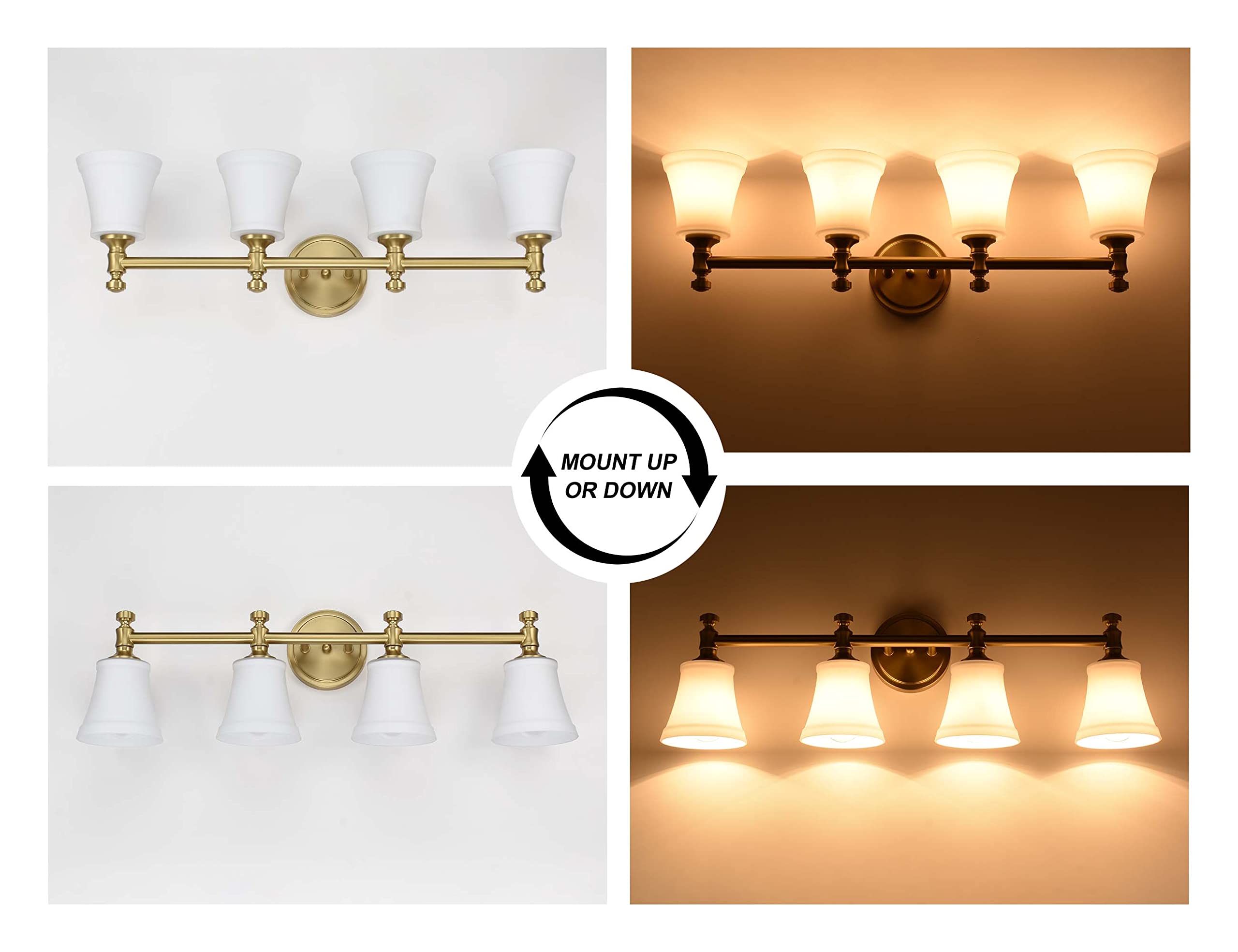 Hanaloa 4-Light Bathroom Vanity Light, Aged Brass Wall Sconce with Opal Glass Shade, Model VA0045-4-AGB
