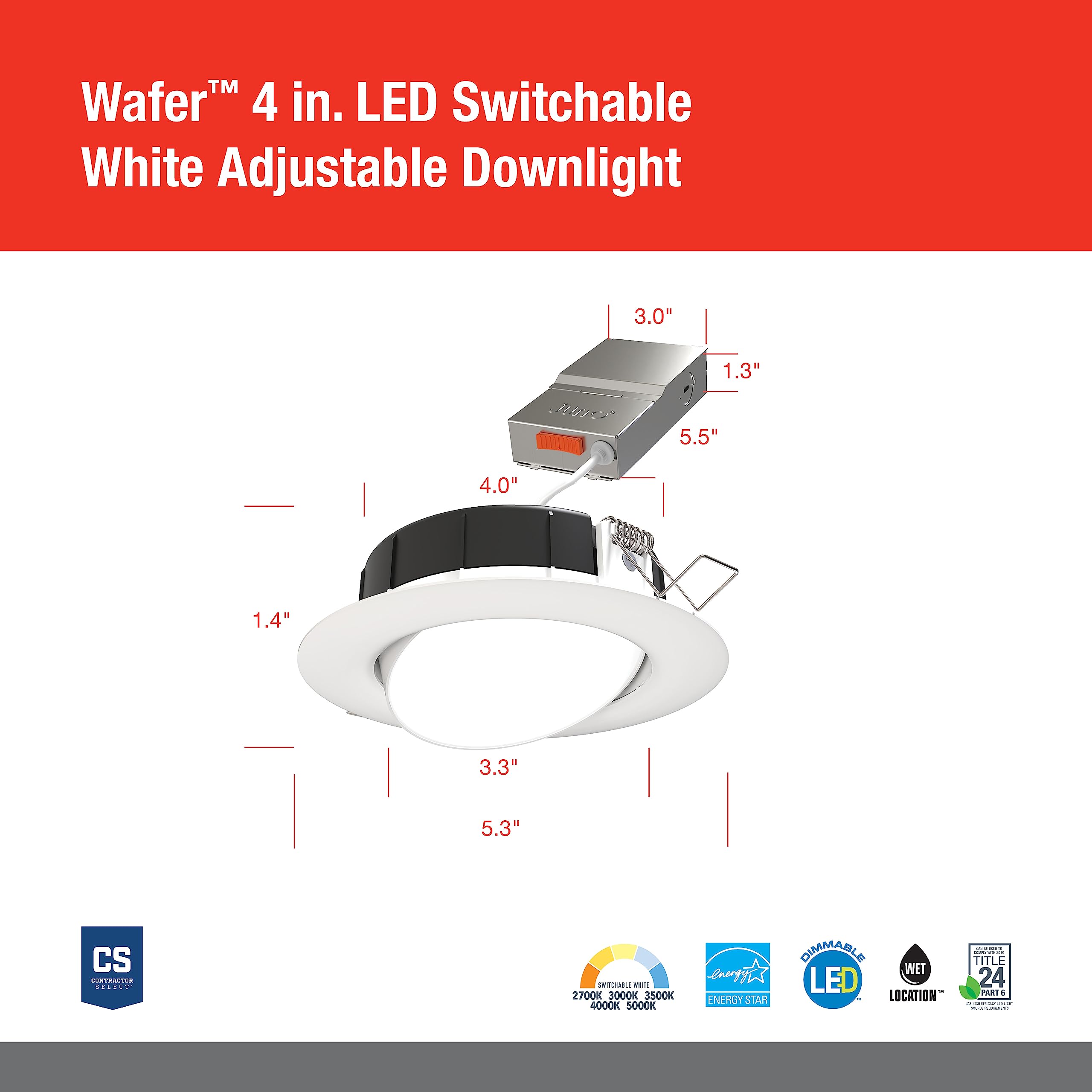 Juno LED Shower Light, 4-Inch Adjustable Wafer Downlight, Switchable Color Temp 2700K-5000K, Matte White, Model WF4 ADJ SWW5