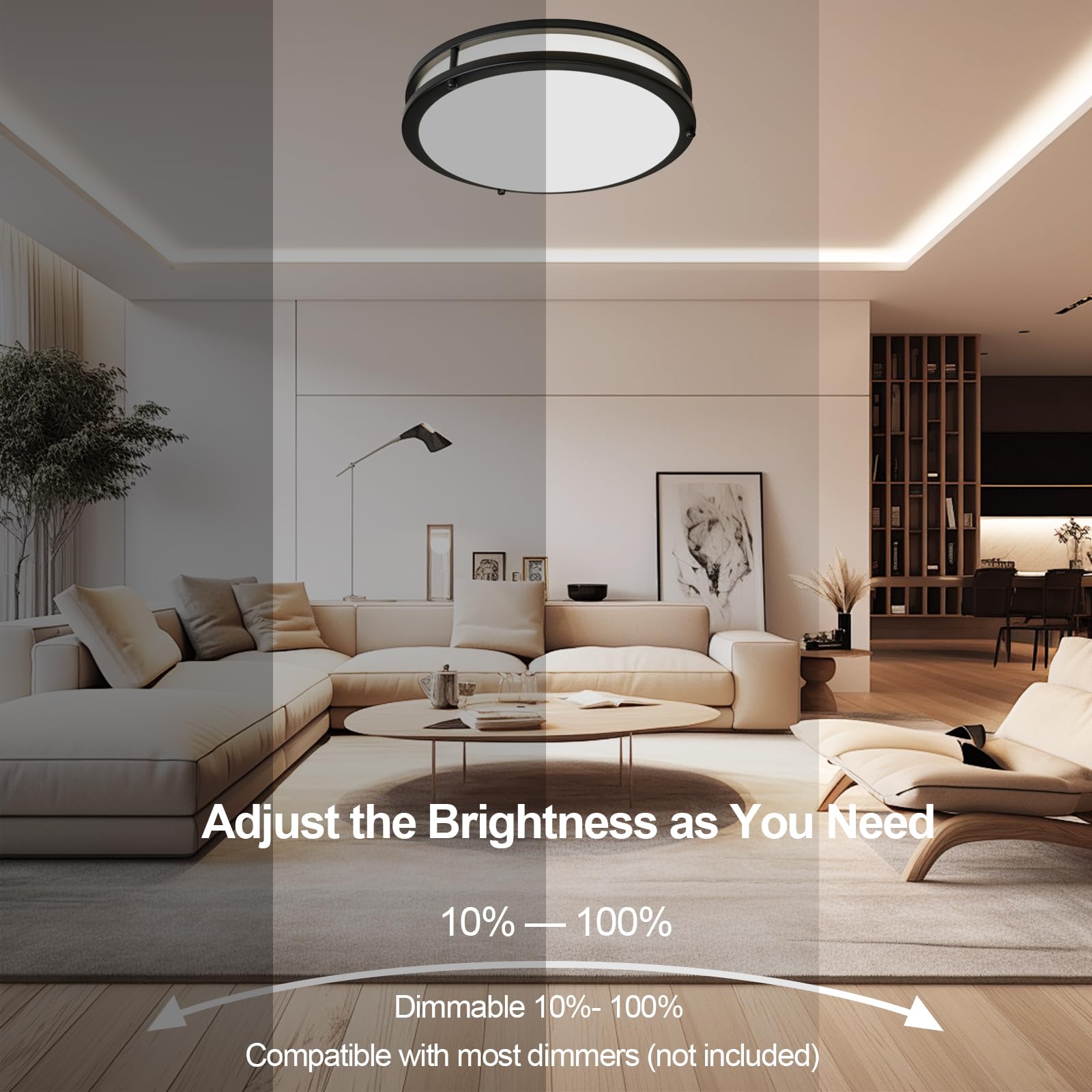 Oowolf 16Inch 48W Led Flush Mount Ceiling Light Fixture Dimmable, Super Bright Matte Black Ceiling Light 4800Lm 5000K Daylight W