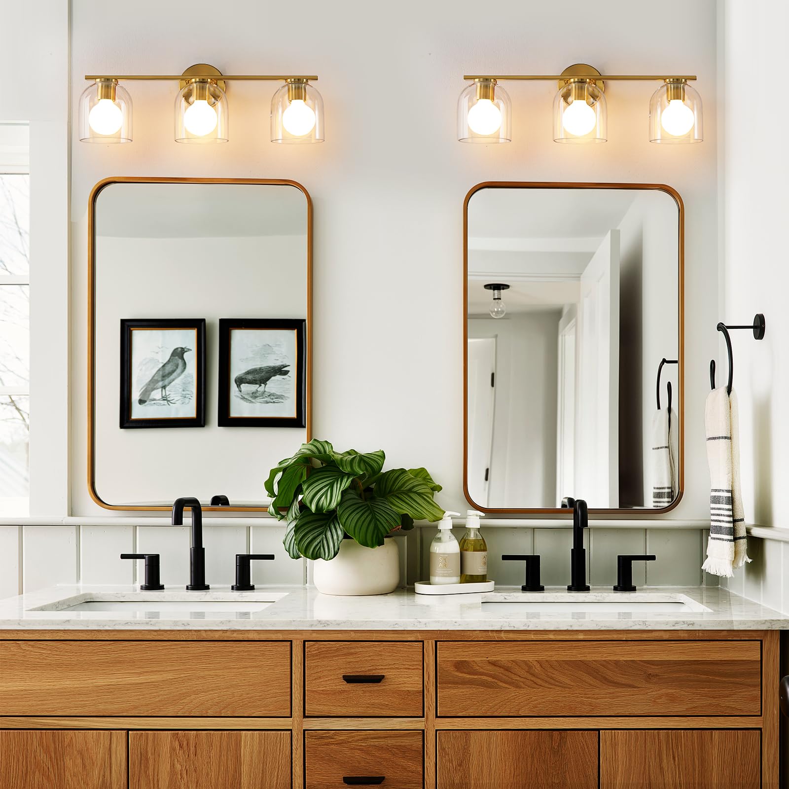 Woshitu Bathroom Vanity Light Fixtures: 23.3 Inch Modern Brushed Gold Bathroom Light Fixtures Over Mirror With Clear Glass Shade