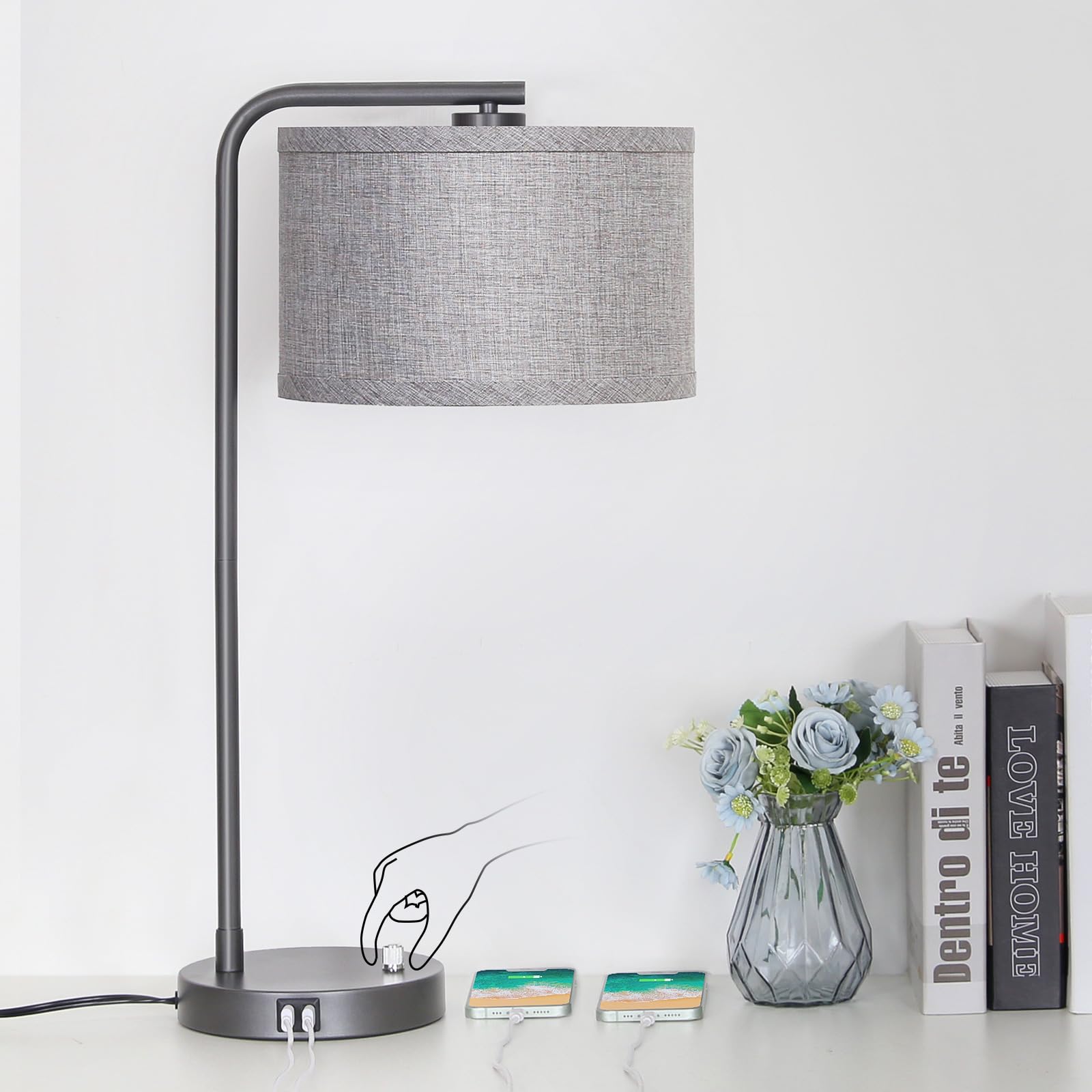 Gray Bedside Lamp with Dual USB Charging Ports, Fully Dimmable Modern Nightstand Lamp with Grey Fabric Shade, Tall Reading Lamp 