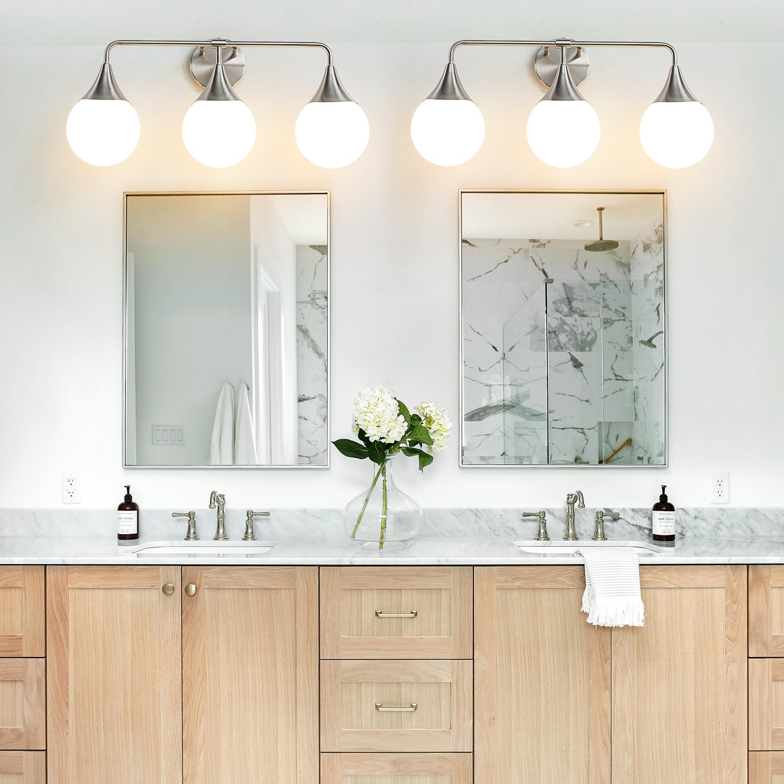 HAHZT 3-Light Bathroom Vanity Light Fixture - Brushed Nickel, Metal, Mid Century Modern Design with Milky White Globe Glass, Model 8089ML