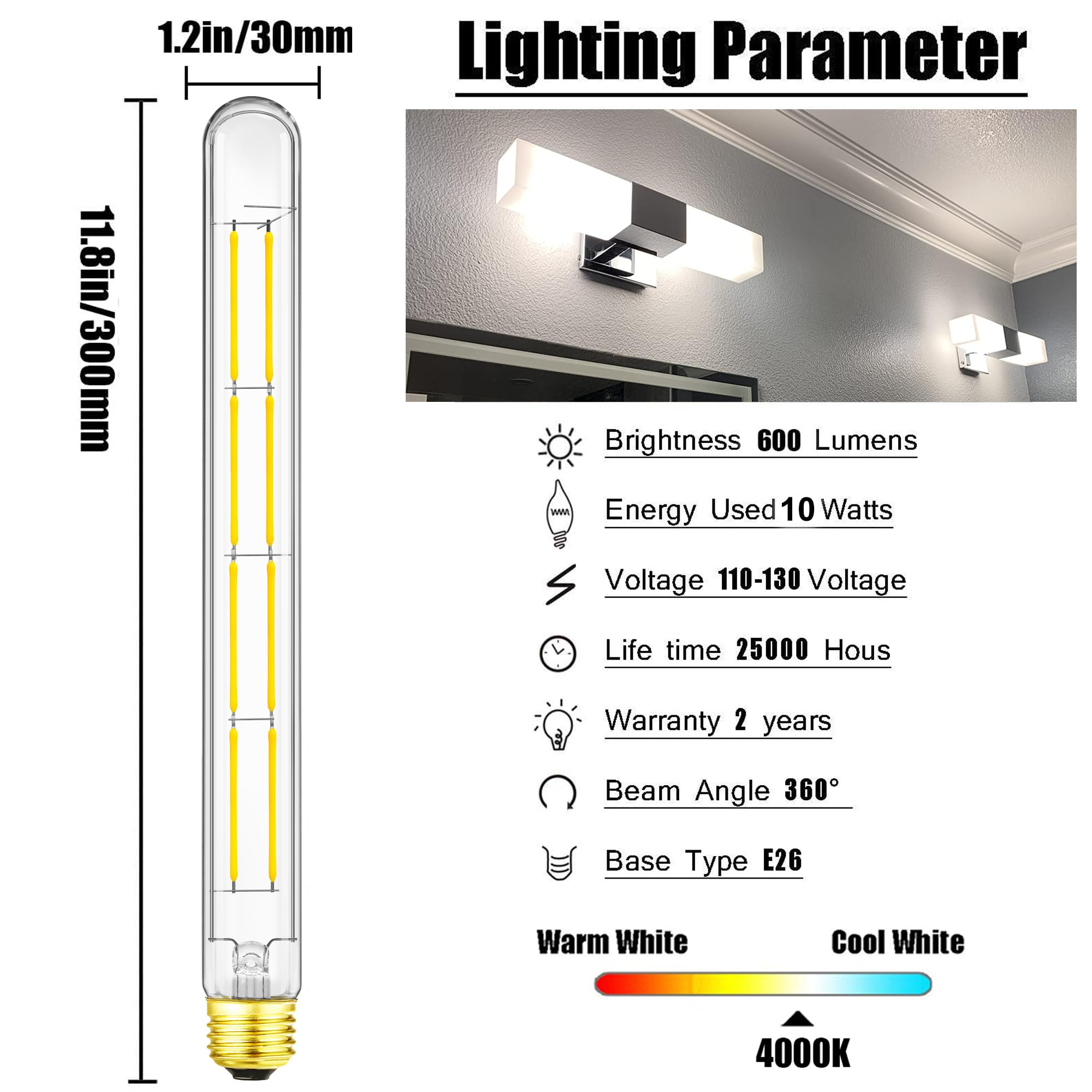 Xininsun T300 Led Bulb, 11.8 Inch Long Tubular Led Light Bulbs, 100Watt Equivalent, 1000Lm, Dimmable, Clear Glass, E26 10W T10 L