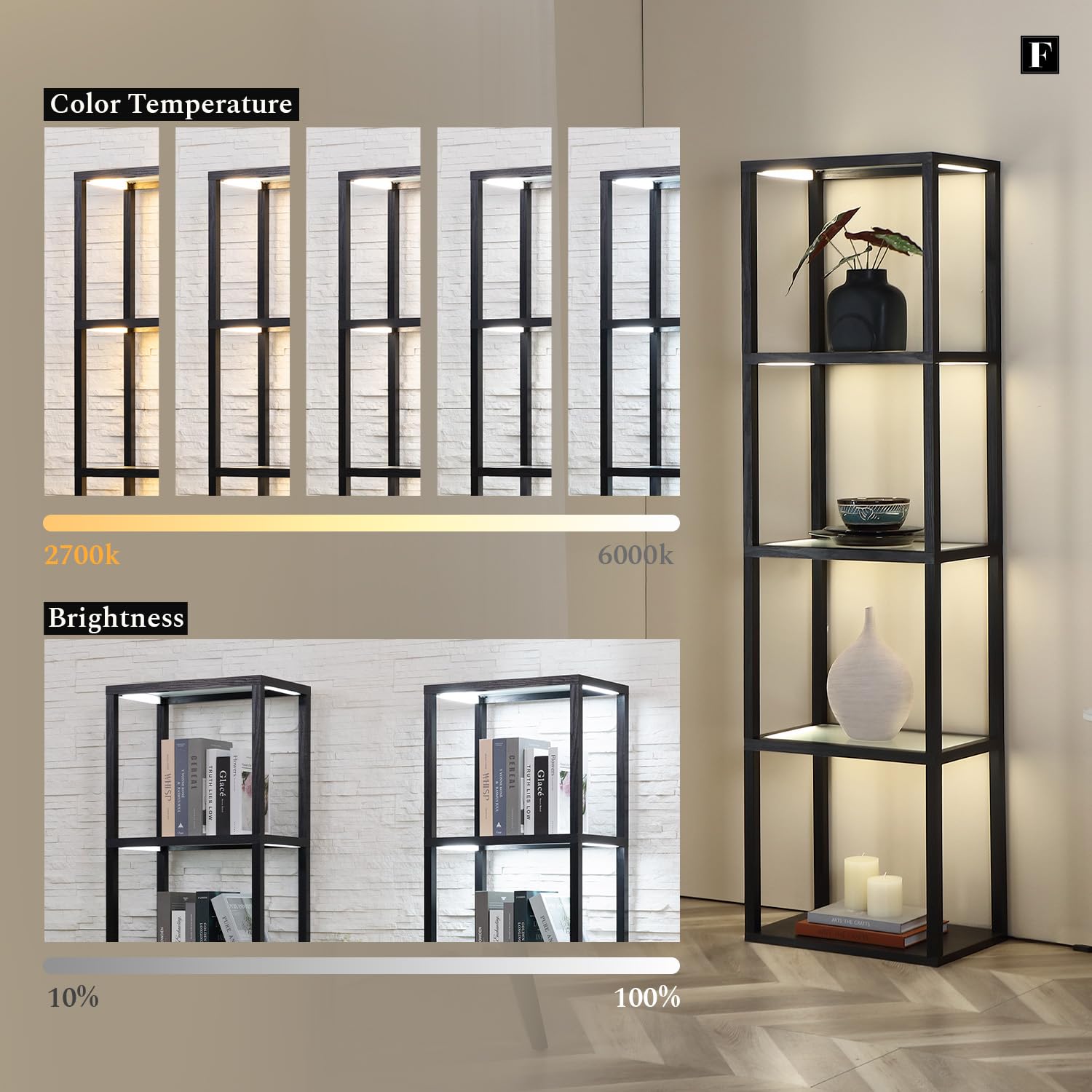 Fenlo Fantasy Plus - Tall Display Shelf With Dimmable Led Floor Lamp, Sturdy Curio Cabinet With Glass Bookcase, Glass Display Sh