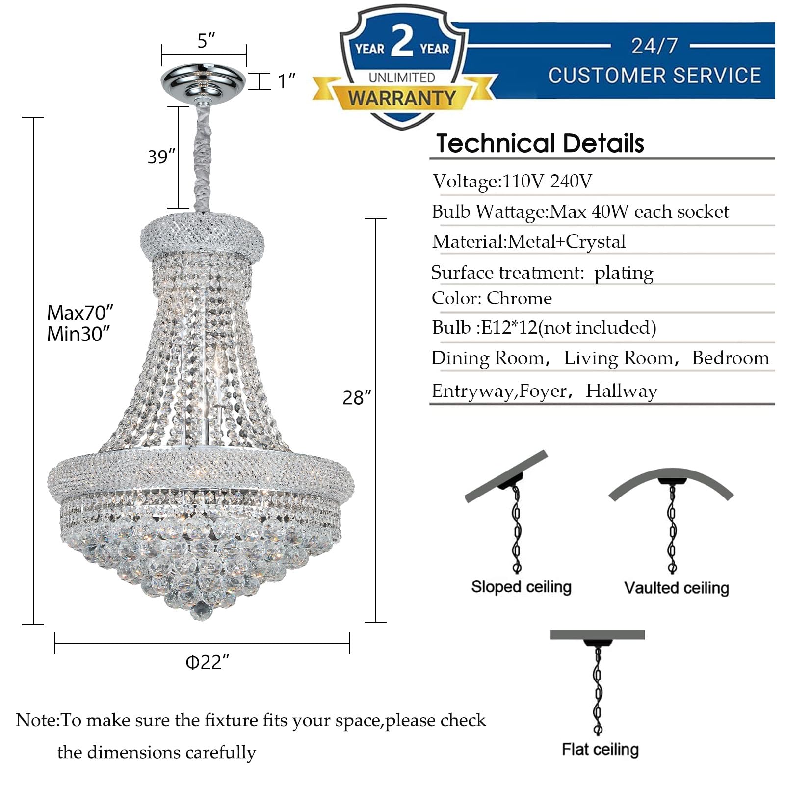 Gifarich Crystal Chandeliers For Dining Room Light Fixture Empire Style K9 Crystal Chandeliers For Entryway 12 Lights Chrome stylish Lighting Fixtures For Living Room Stairway Bedroom Foyer D22 Inch