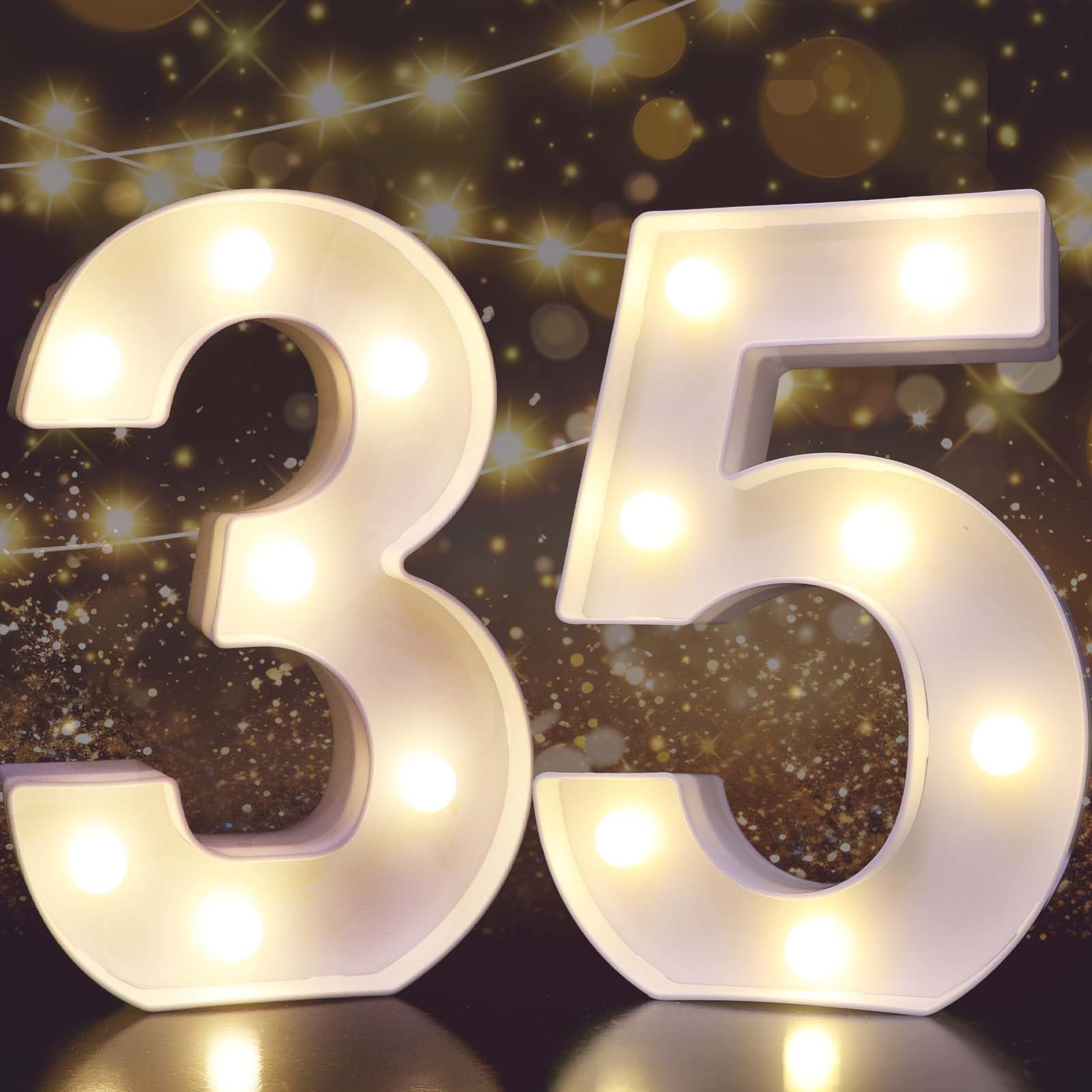Pooqla Decorative Led Light Up Number Letters, White Plastic Marquee Number Lights Sign for 35th Birthday Party Wedding Decor Battery Operated Number (35)