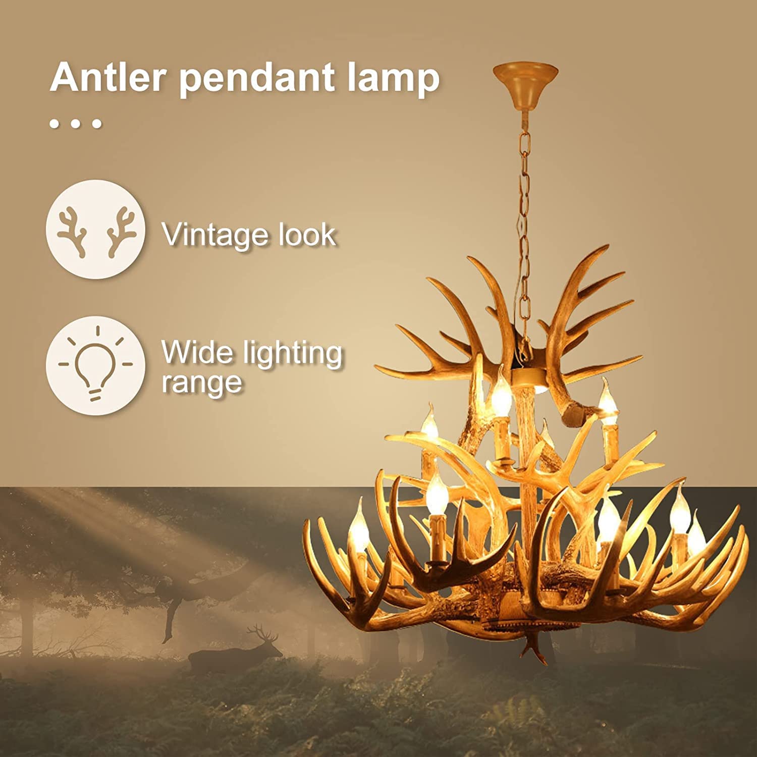AUNLPB Deer Antler Chandelier 9-Light LED Pendant Light, Adjustable, Vintage Style, Brown, 12 Lights