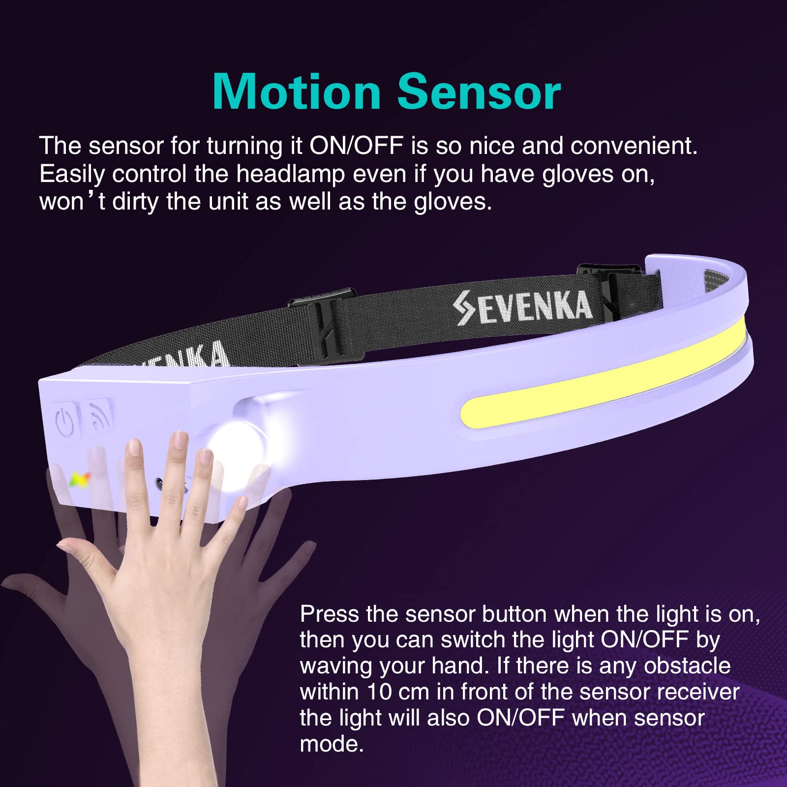 Sevenka Led Headlamp Rechargeable - 1000 Lumen, Adjustable, Lightweight, Motion Sensor - Purple