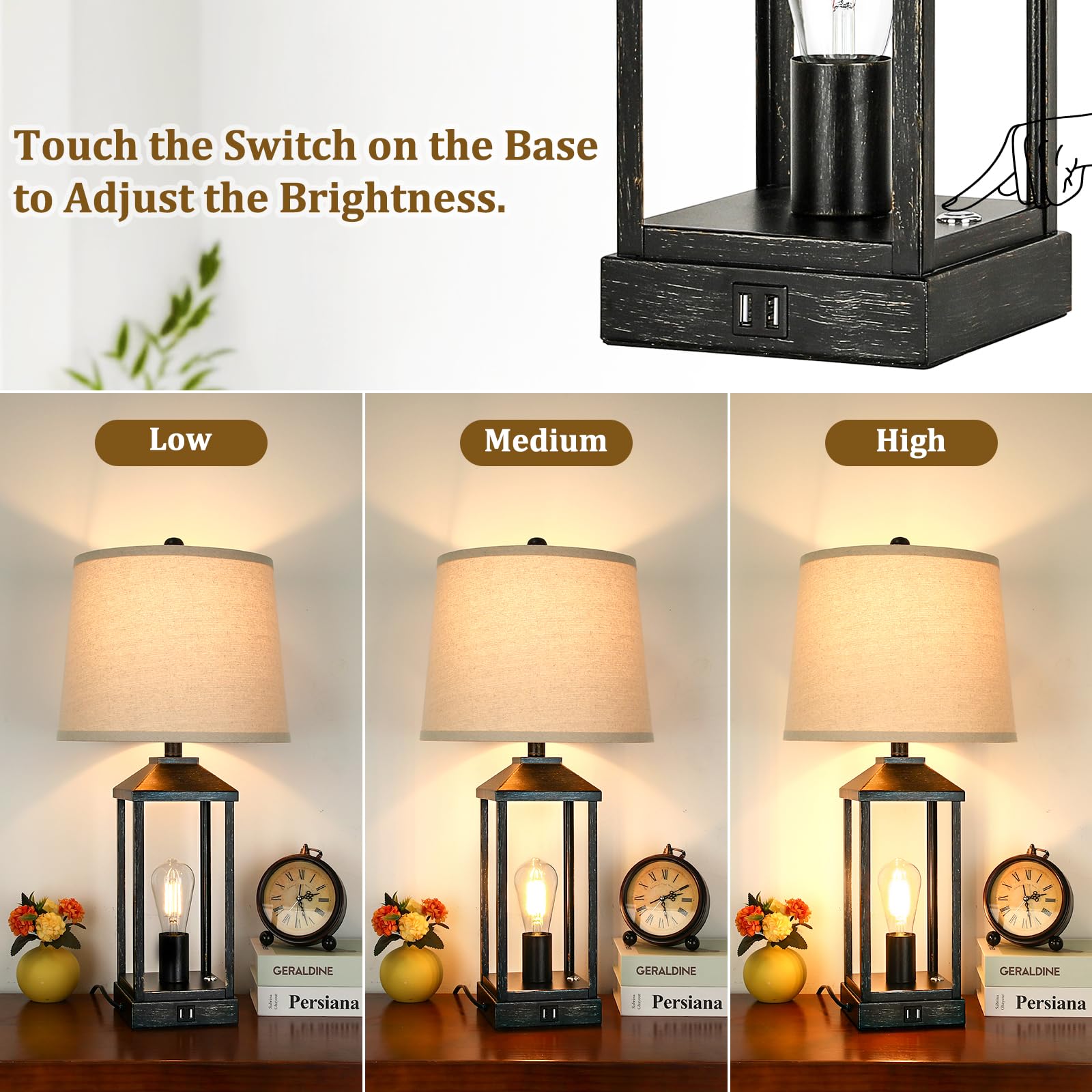Black Bedside Table Lamp For Living Room, 3-Way Dimmable Touch Control Modern Nightstand Lamp With 2 Light, 28'' Rustic Farmhous