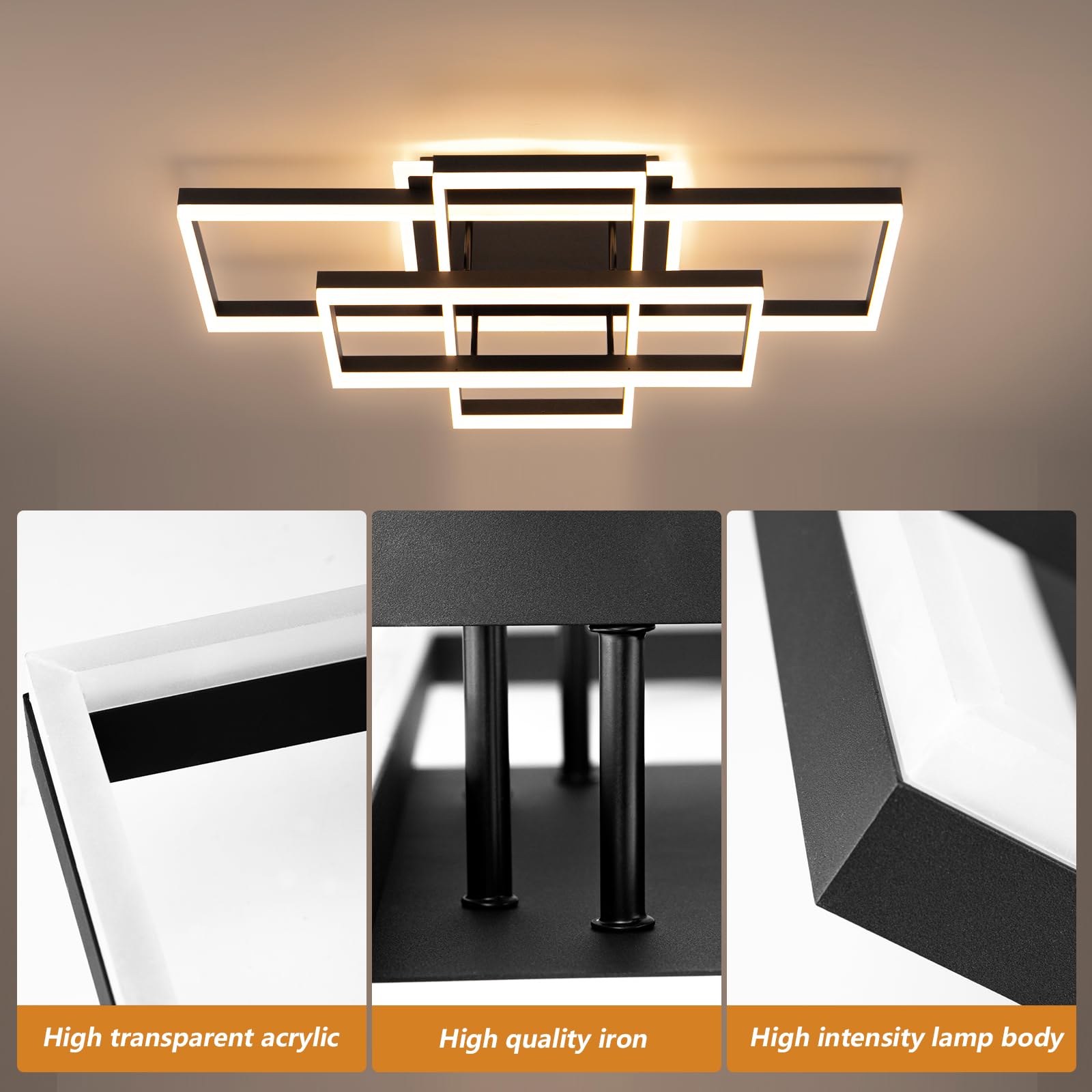 Okes Modern Led Flush Mount Ceiling Light, Black Square Dimmable Fixture For Kitchen & Living Room