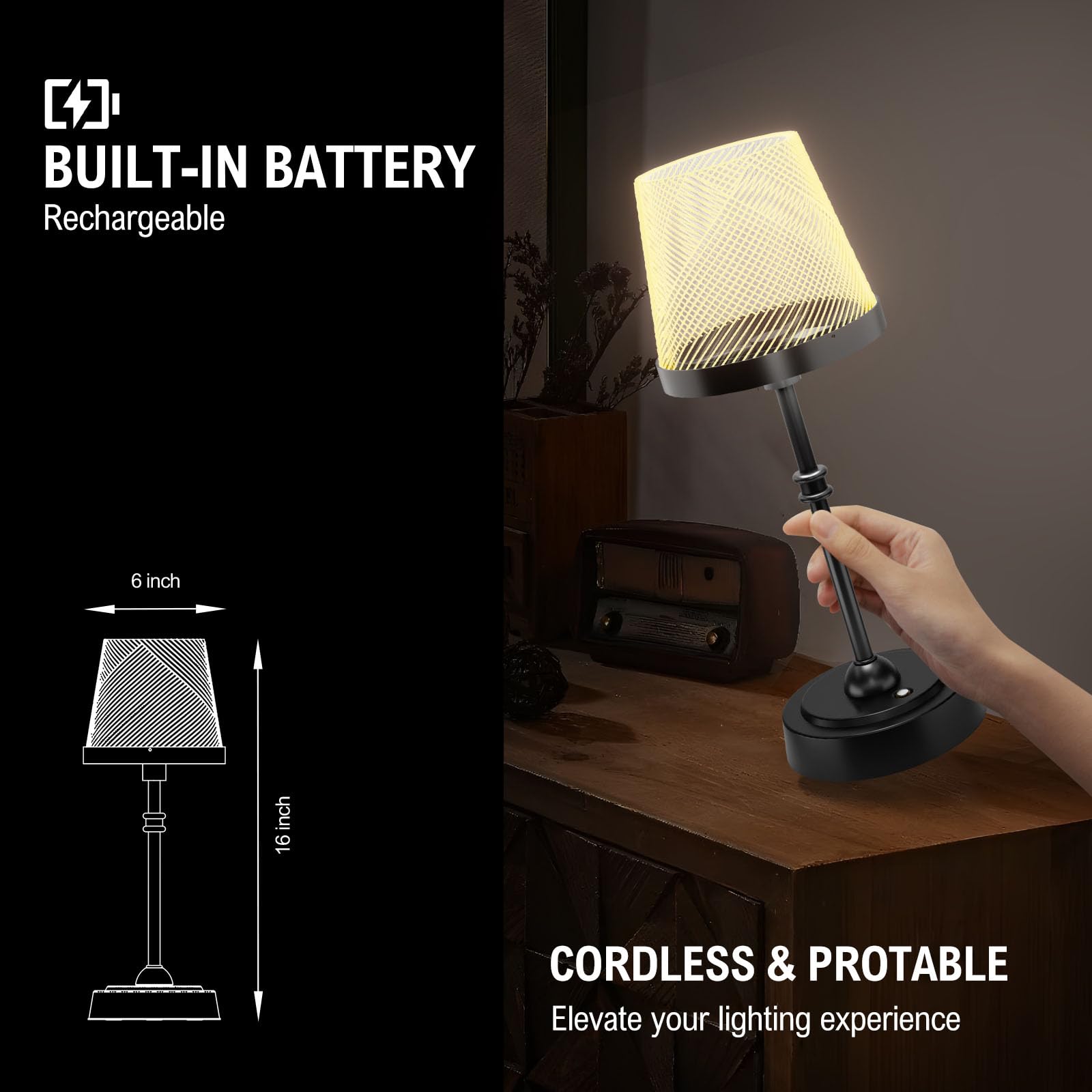 Cordless Table Lamp, Rechargeable LED Desk Lamp, 6000mAh Battery Operated Lamp, 3 Color Stepless Dimming, Portable Touch Lamp, B