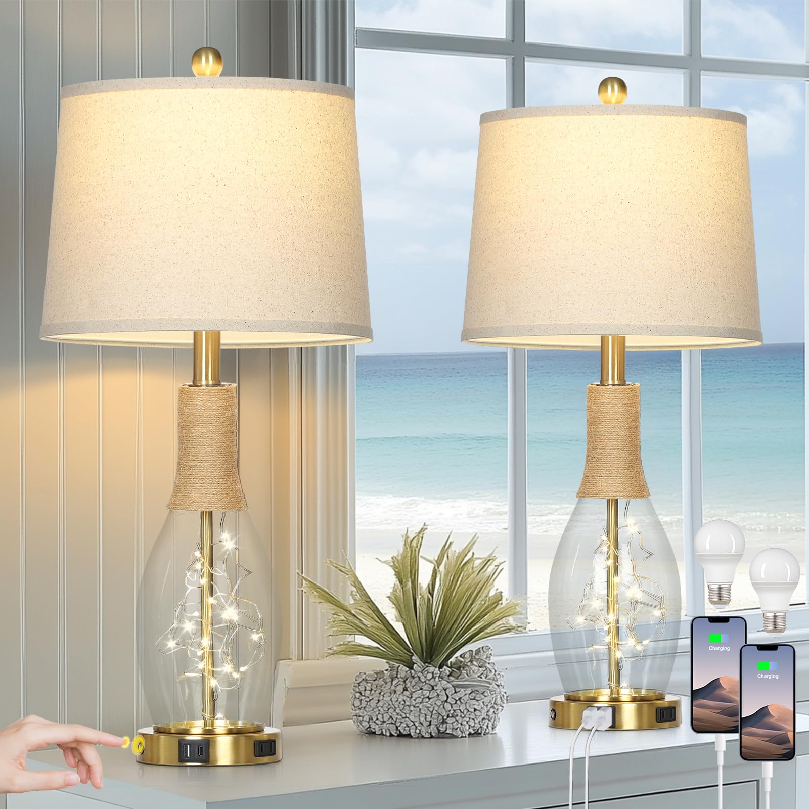 27.5'' Coastal Glass Table Lamps Set Of 2, Touch Control 3-Way Dimmable Modern Table Lamps With Usb A+C Ports & Ac Outlets, Farm