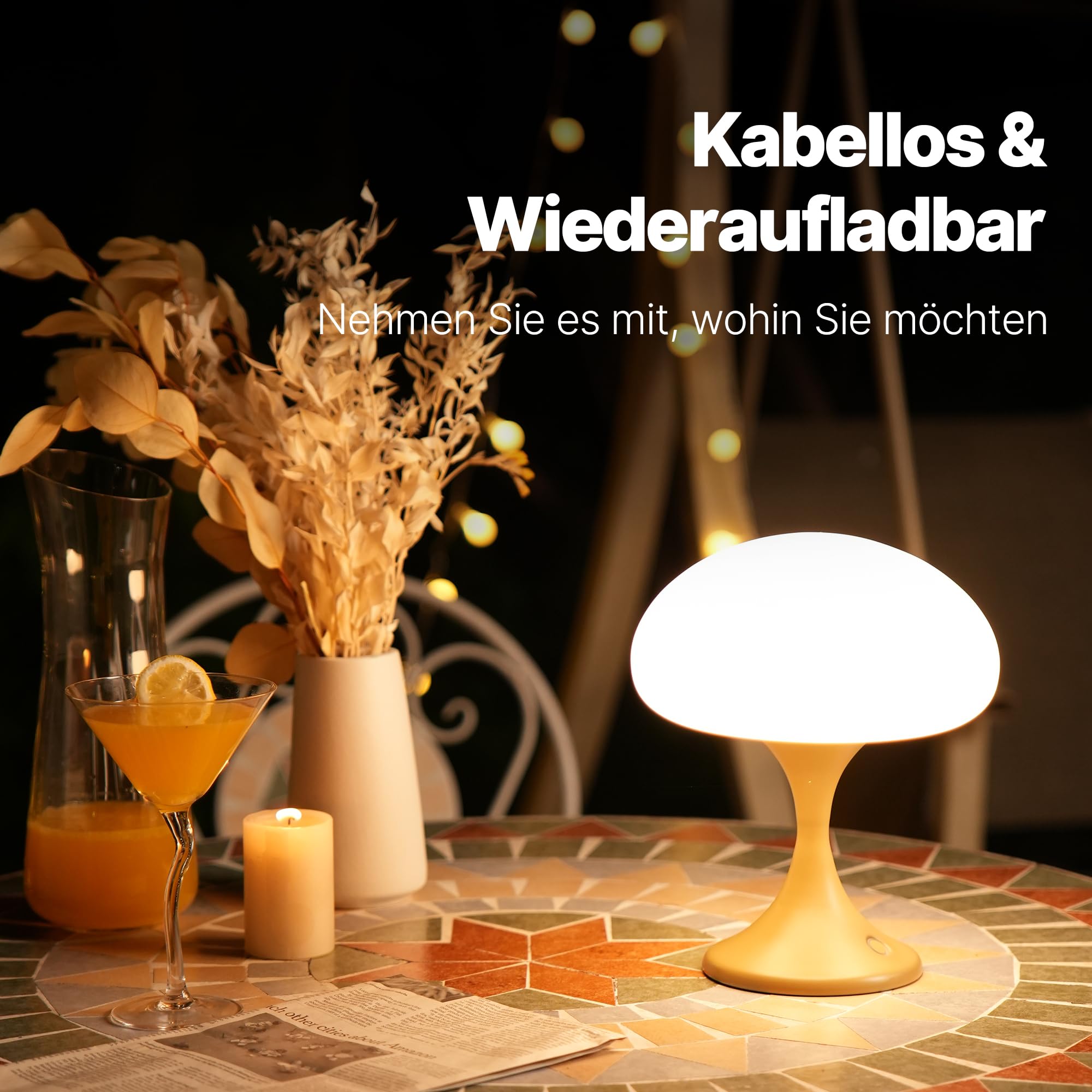 MAGCHARM Mushroom Lamp, 5W LED Cordless Table Lamp, Dimmable Touch Light, Glass Shade, Small Size, Mustard Color, Model TL011YLUSMC