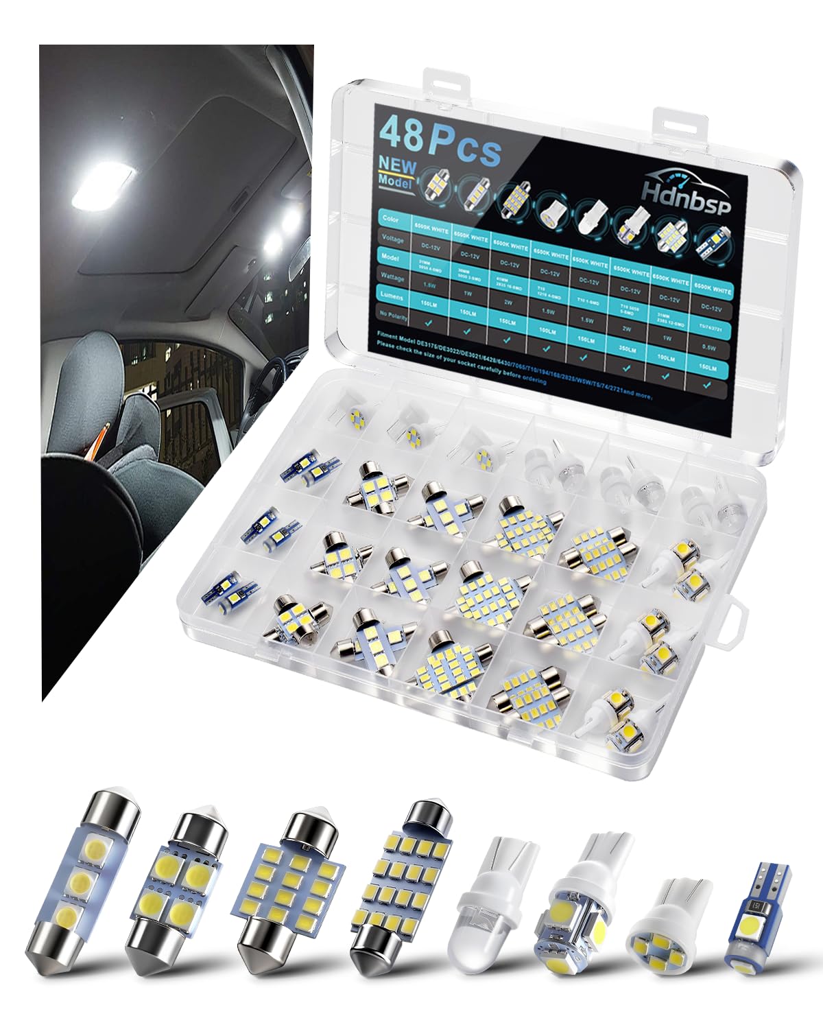 48Pcs Led Interior Car Lights Kit  Enhanced Bright White Led Bulb (194 T10 T5 De3175 W5W 2825 578 168) | Dome Map Dash Door License Plate Tail Light Bulbs  Interior Lights for Cars  Trucks  Rv  Boat