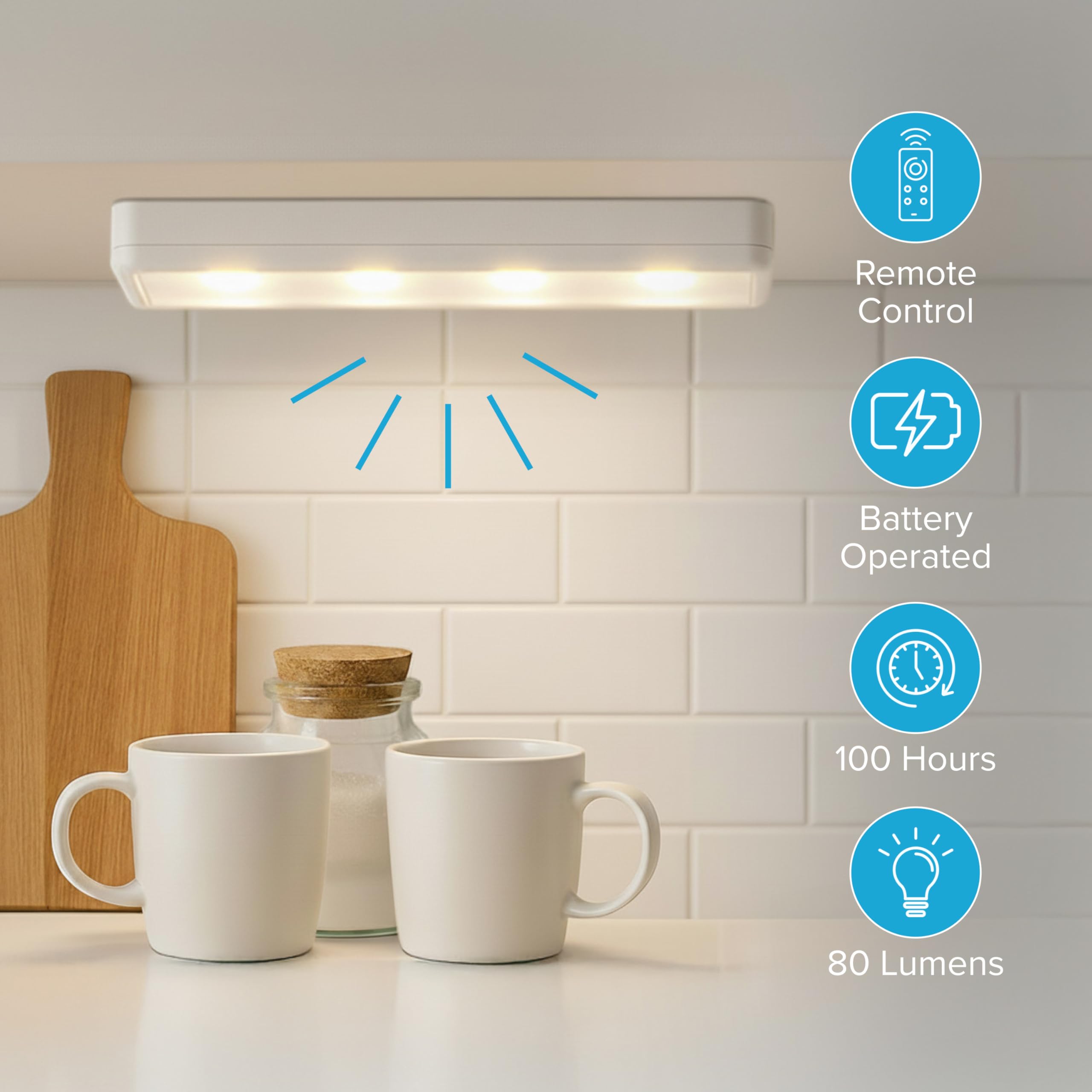 Brilliant Evolution Wireless LED Under Counter Lights, 4-Pack, 3000K Warm White, Battery Operated, Model BRRC120IR4, Stick On Fixtures