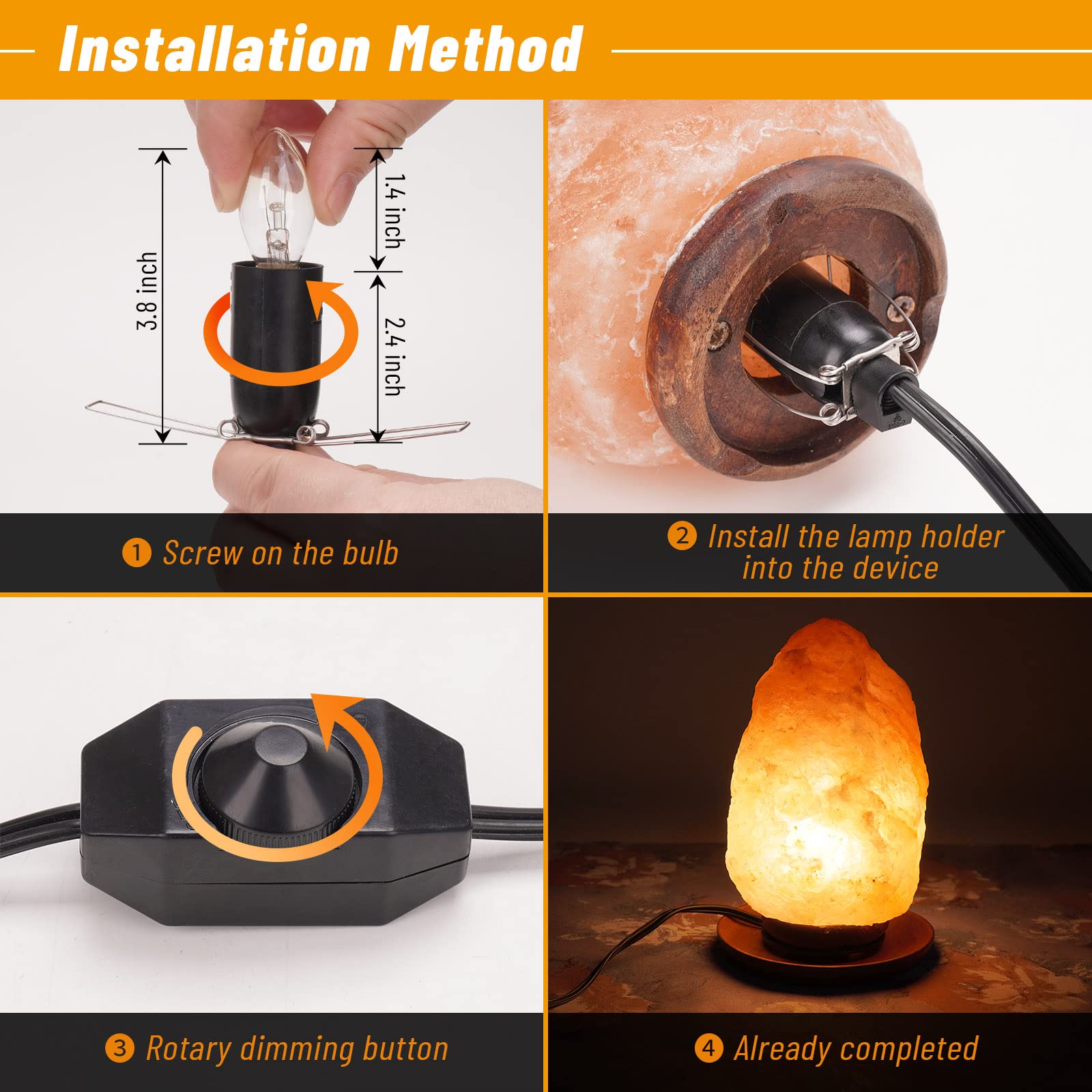 OHLGT Salt Lamp Cord Replacement Kit with Wooden Tray & 8 E12 15W Bulbs - A Type Clip Socket, Model Cord&Plate-A1