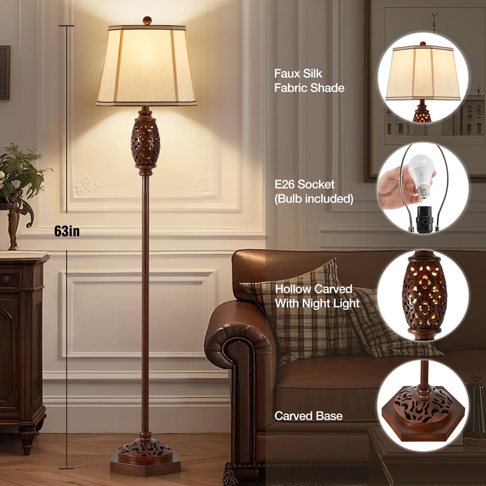 Luvkczc Vintage Floor Lamp, Brown Carved Resin, Rustic Design for Living Room, Bedroom, Bulb Included