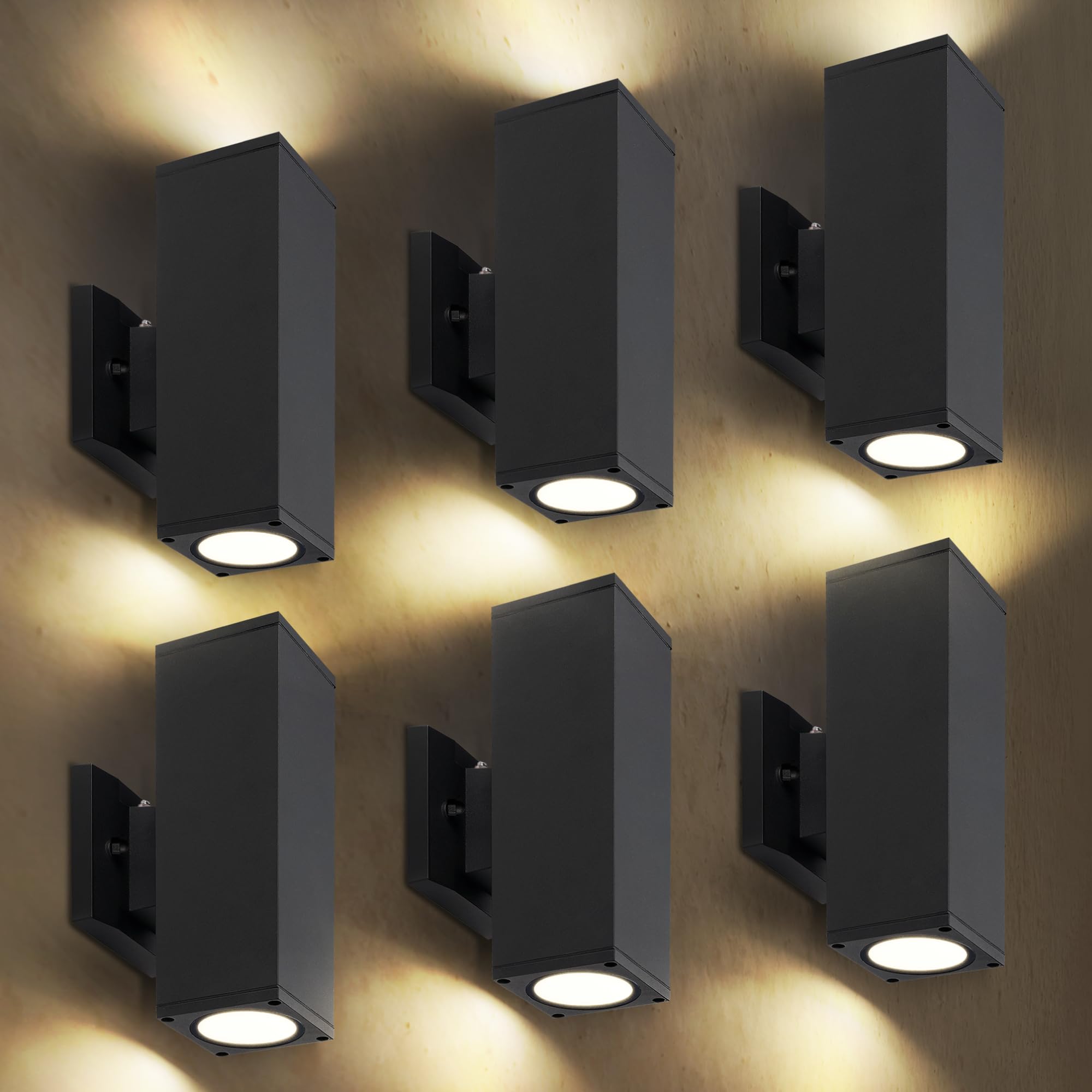 ASD 2 Light Square Dusk to Dawn LED Outdoor Wall Light Fixture | 18W 1900LM 3000K-5000K 120V Cylinder Up Down Lights | Exterior Wall Sconce | Front Door  Porch  Patio | Black  ETL 6 Pack