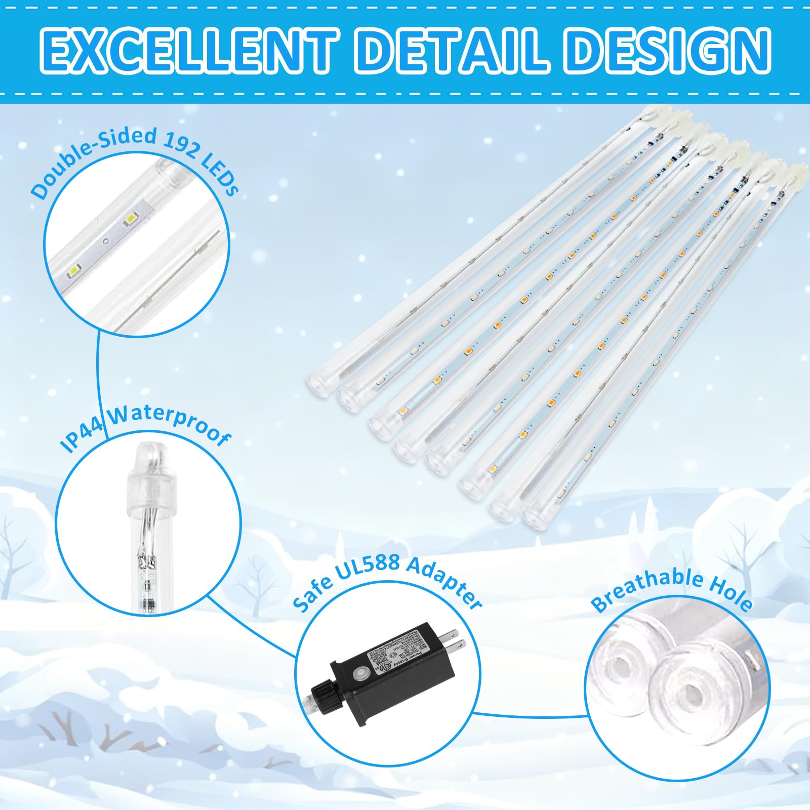 2-Pack Christmas Lights Outdoor  16Tubes 384Leds Extendable Meteor Shower Lights  Falling Rain Light Waterproof Plug In Tree Light For Christmas Backyard Garden Patio Xmas Decoration (Cool White)