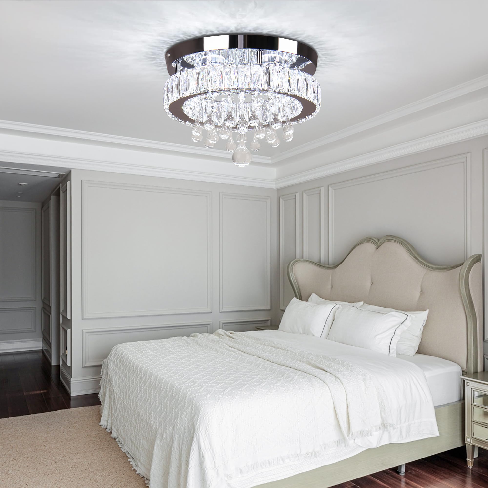 Ypqxyhda Led Crystal Raindrop Ceiling Light,11.8'' Flush Mount Chandelier Light Fixture,Modern Led Chandelier For Kitchen Bedroo