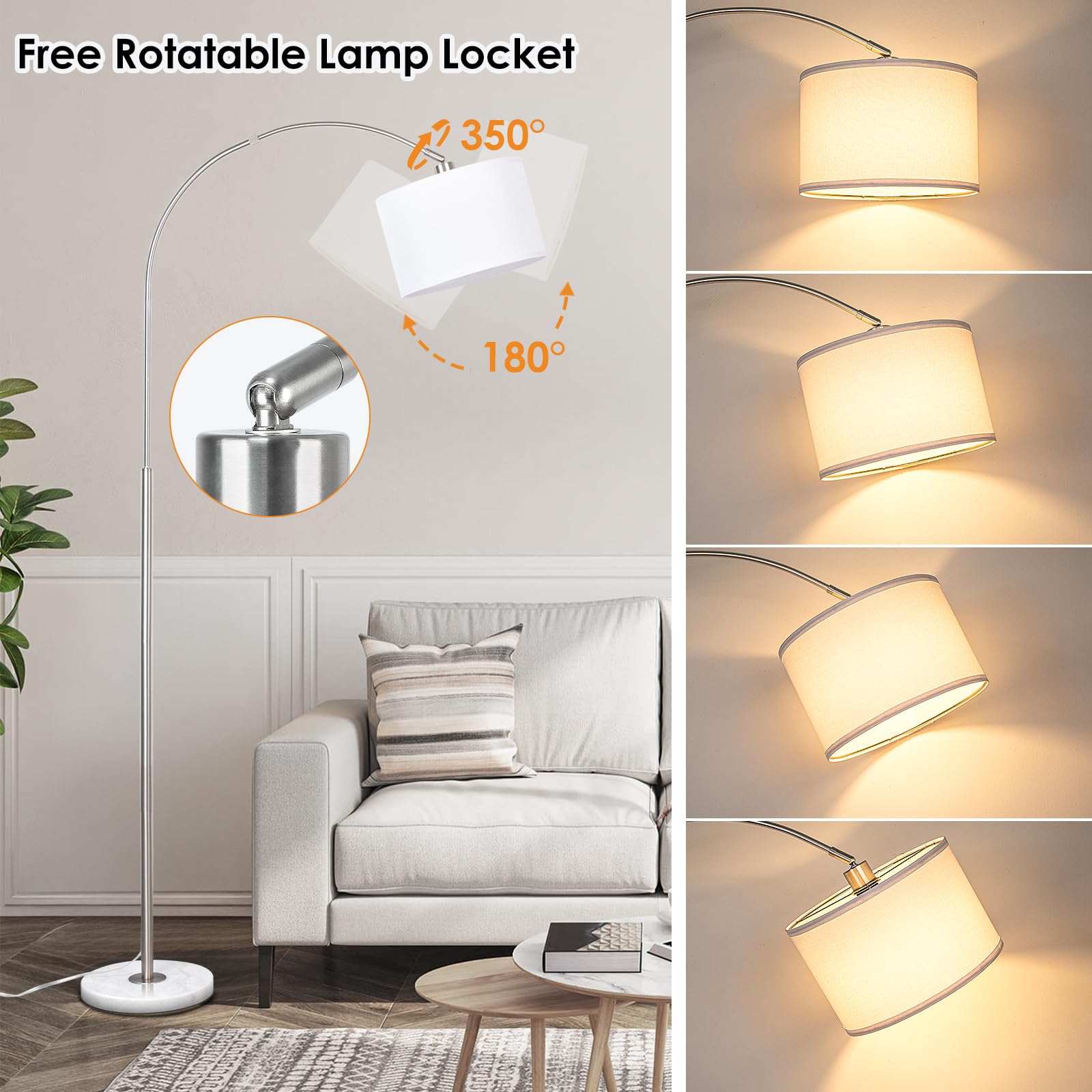 Qingmiao Arc Floor Lamp, Modern Metal Standing Lamp with Dimmable Bulb, Foot Switch, Silver, Model QM-FL-ARC