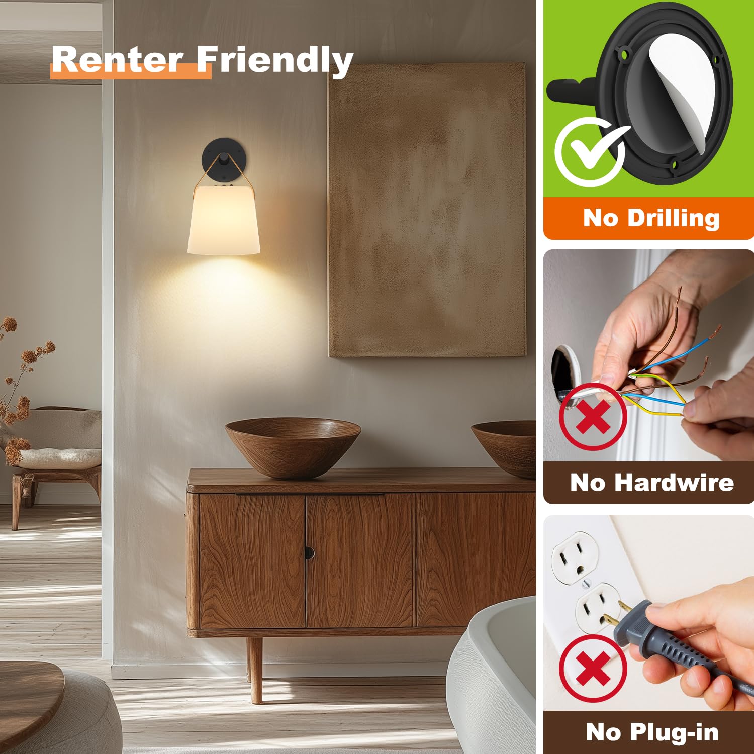 TACAHE Wall Sconce - Rechargeable Cordless Lamp - 5 Brightness Levels - Remote Control - Set of 2 - Black - Model TCH-BOWS05-5000mAh