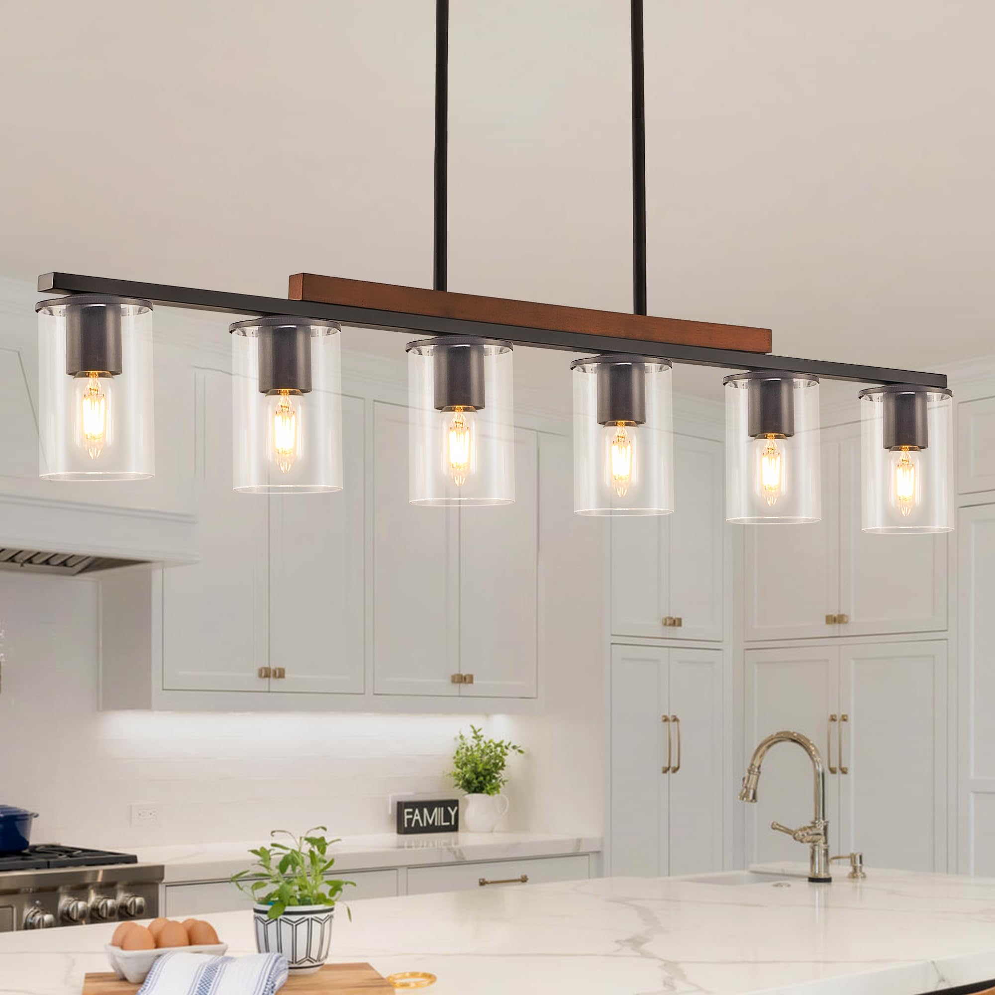 Mecgirn Farmhouse Dining Room Light Fixtures Over Table, Black Pendant Lights For Kitchen Island, 6 Light Large Linear Chandelier Lighting With Wood