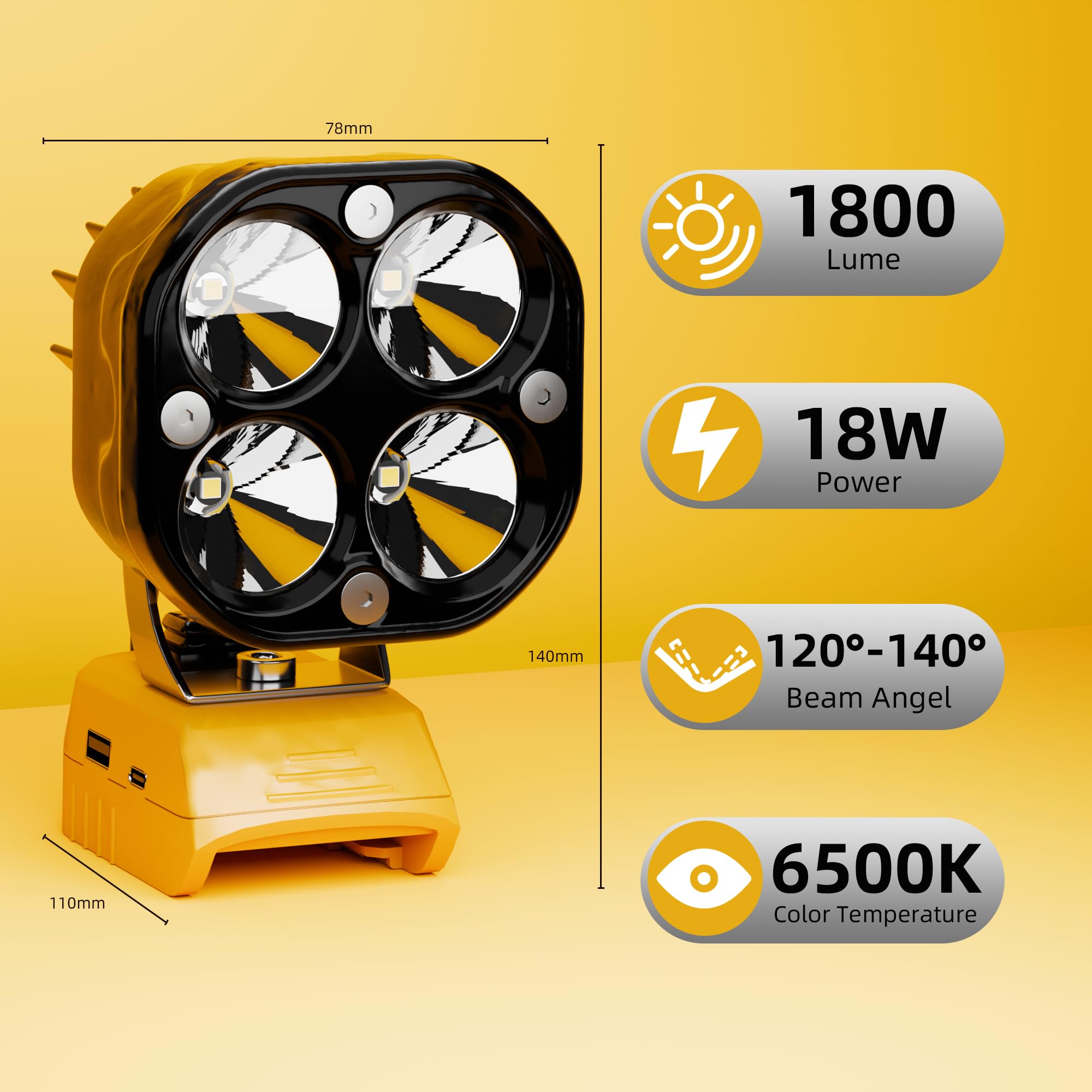 BUKATTADV Spotlight Flashlight - Compatible with 18V Dewalt Lithium Battery, USB & Type-C Ports, Aluminum, Yellow, Model DW16P