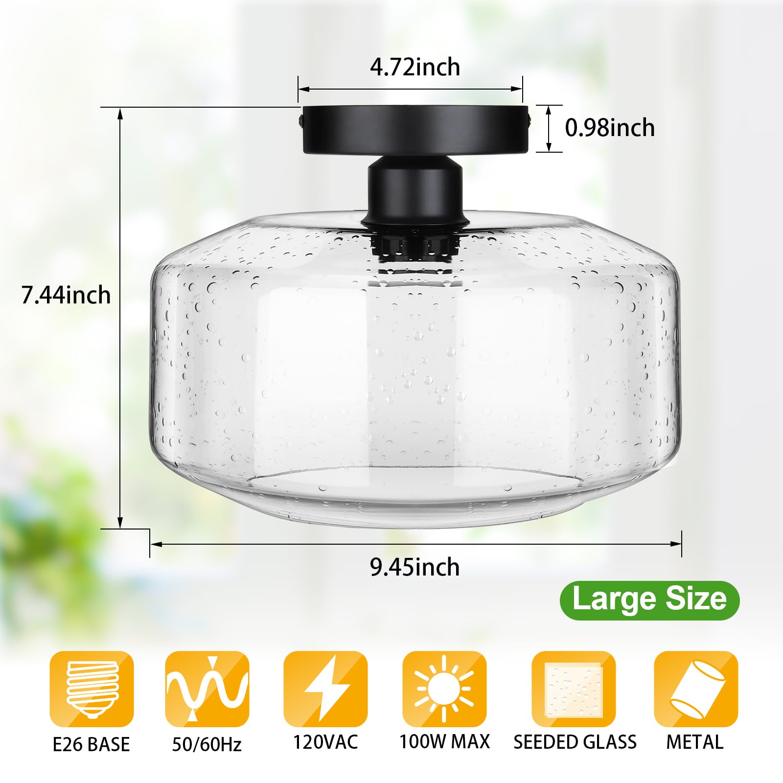 Sunrider Industrial Semi-Flush Mount Ceiling Light Fixture, Seeded Glass Lamp Shade, Black Metal Farmhouse Lights For Hallway Ki