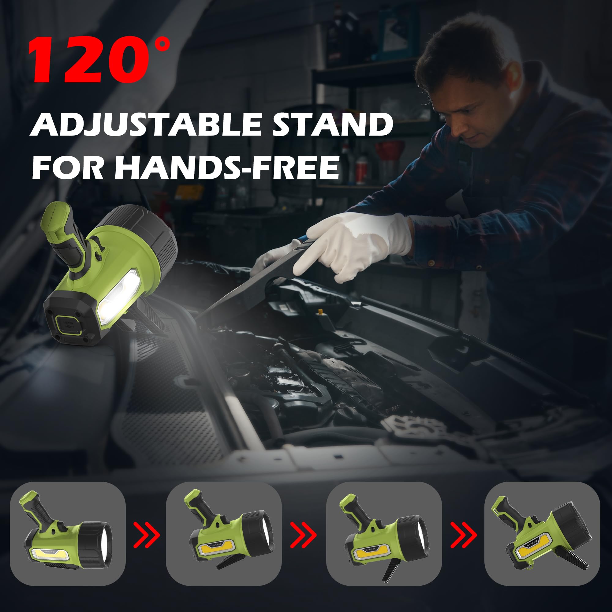 Forto Rechargeable Spotlight Flashlight With 2000 Lumens, Handheld Spotlight With Foldable Stand, 6 Light Modes Ipx7 Waterproof Led Spot Lights Outdoor For Boating Hunting Hiking(Green)