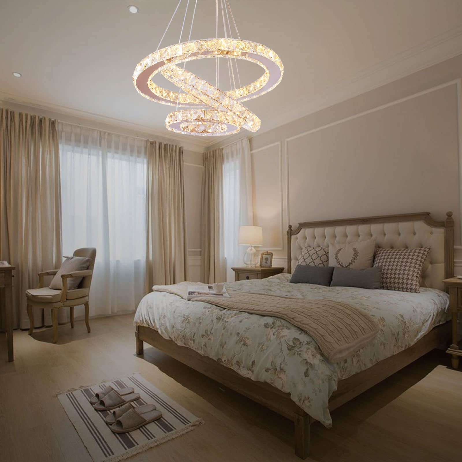 diisunbihuo Dimmable LED Chandelier Pendant Light, 3 Rings, Adjustable, Stainless Steel, Silver, Model 234-Dimmable