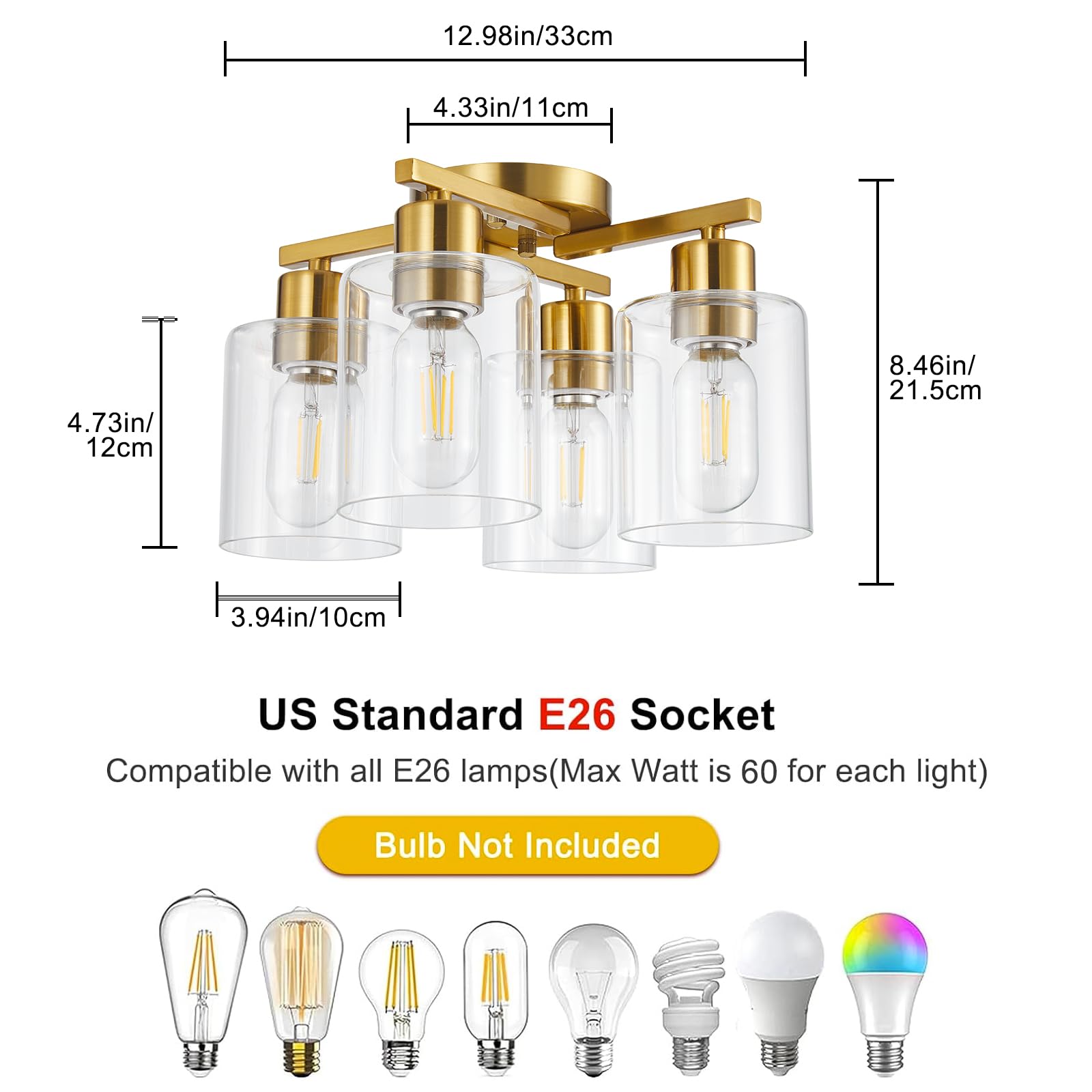 Diduio 4 Light Semi Flush Mount Ceiling Light Brushed Gold Kitchen Lighting Fixtures Ceiling Brass Hallway Cieling Lights Fixtur