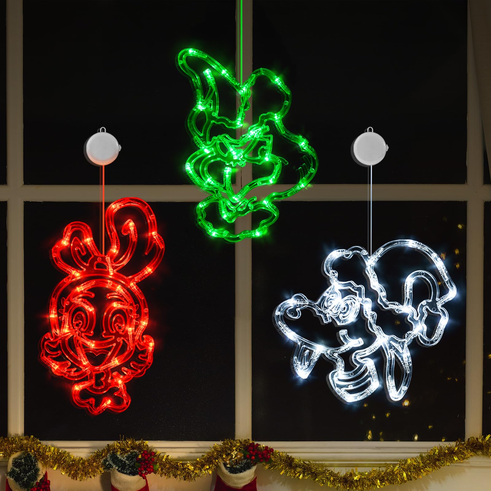 FASISOY Christmas Decorations 3 Pack Red White Green Christmas Window Lights with Suction Cup, Battery Operated Christmas Lights