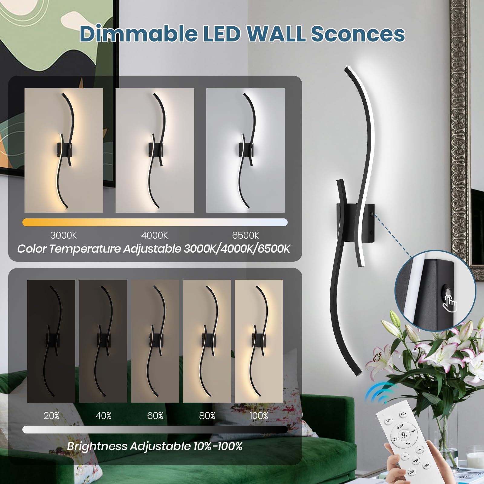 CANEOE Battery Operated Wall Sconce Set of 2, 18000mAh, Dimmable LED, 39.37 Inch, Black, Model WL-100SBL-DC