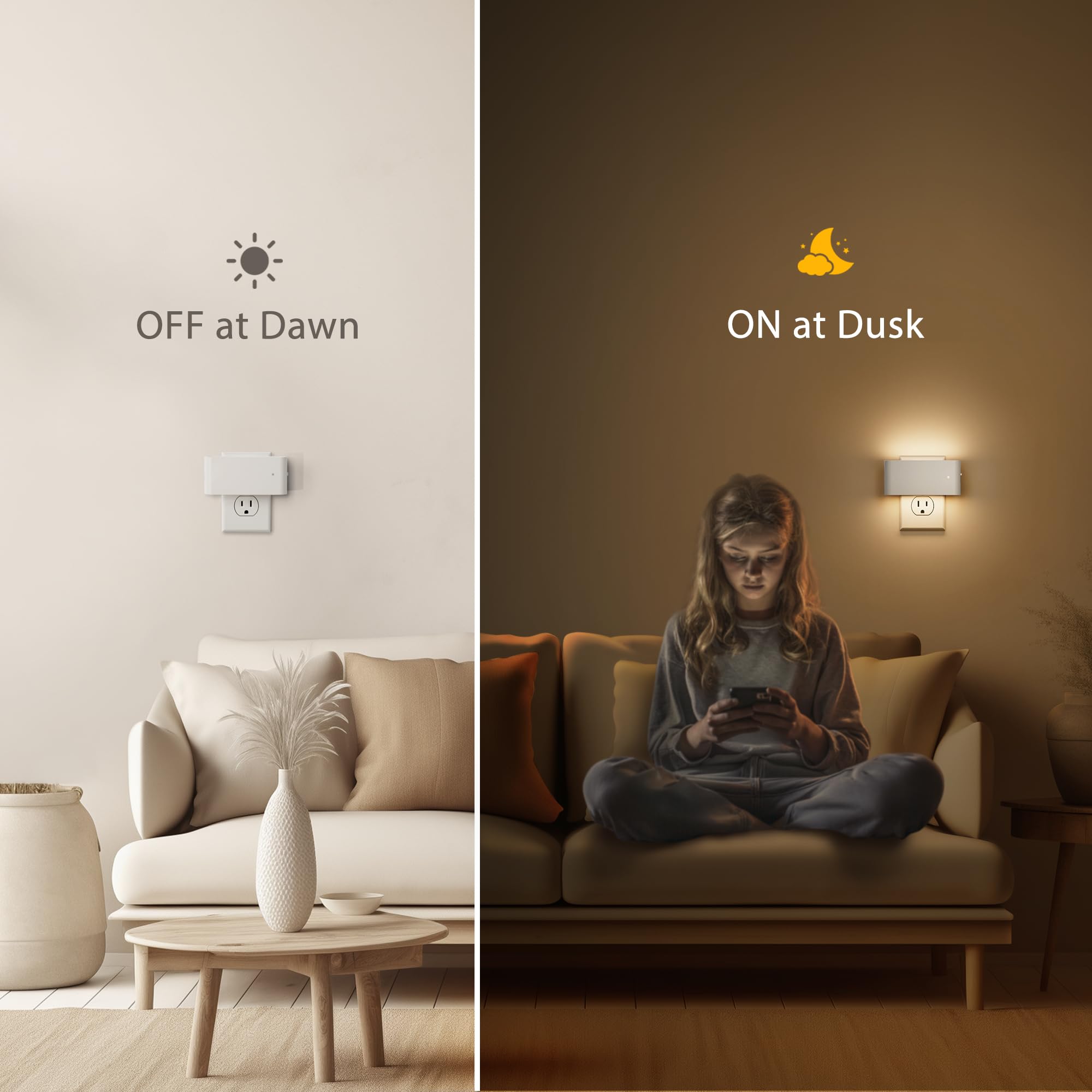 Briignite LED Night Lights 2 Pack with Dusk to Dawn Sensor, Dimmable, 3000K Soft White, Plug-in for Kids Room, Bedroom, Hallway, Kitchen