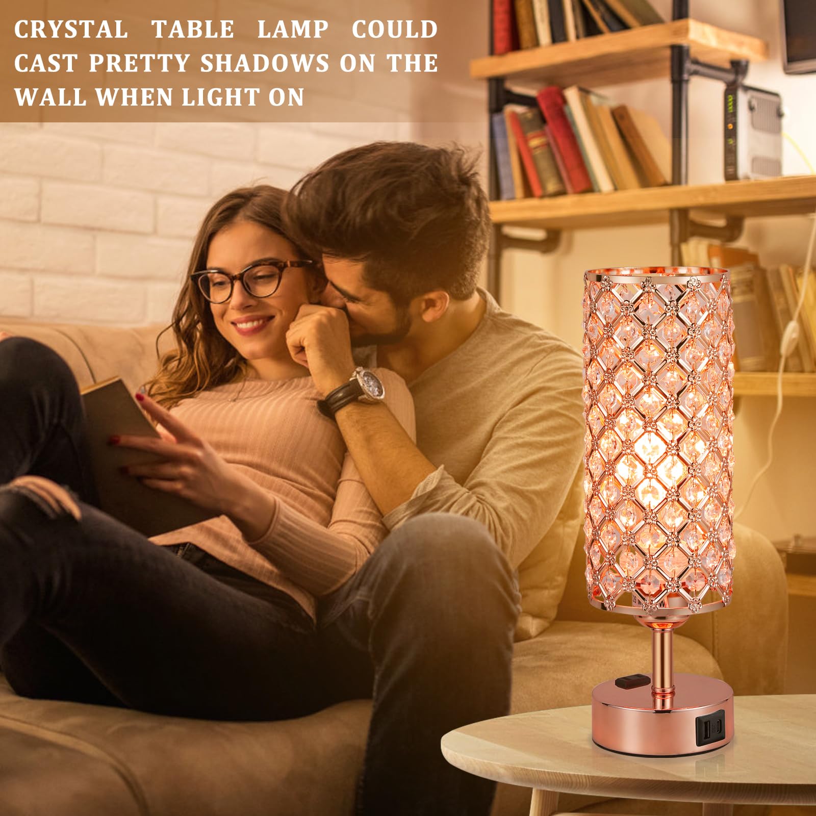 Hong-In Crystal Table Lamp, Rose Gold Bedroom Lamp With Usb C+A Ports & Ac Outlet, 3 Way Dimmable Light With Crystal Lampshade,
